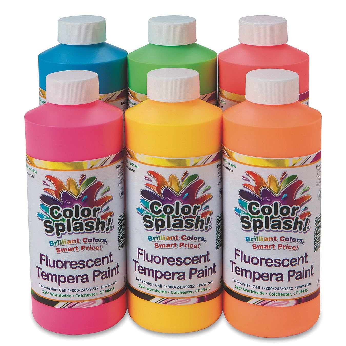 S&S Worldwide Color Splash Neon Liquid Tempera Paint Assortment, 16 oz., Pack of 6