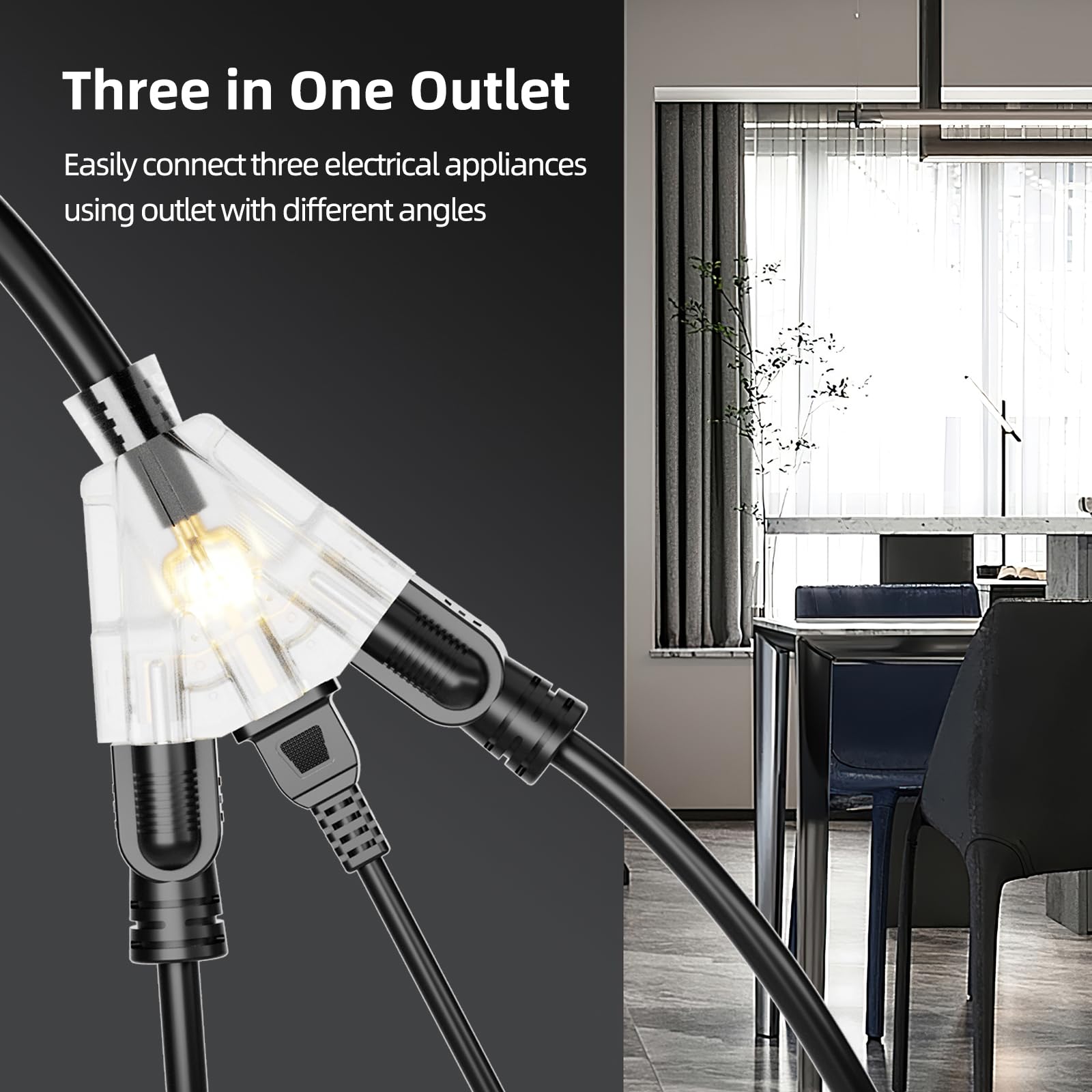 Cable de extensión para exteriores, 25 m, multienchufe, calibre 12, impermeable, color negro, cable de extensión con 3 enchufes, cable de alimentación de 3 pines para luz indicadora