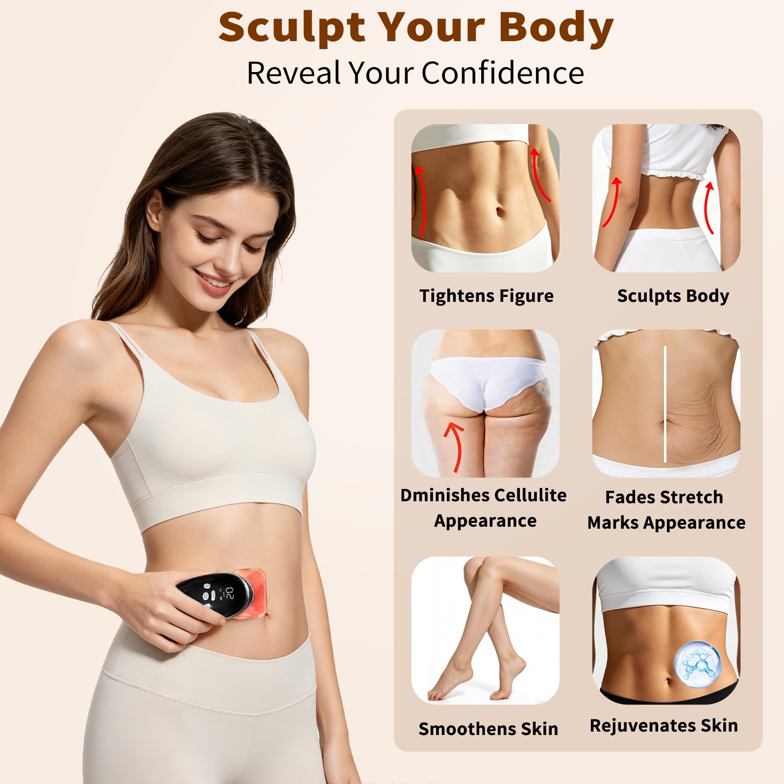 3-in-1 Schröpfmassagegerät mit EMS & Rotlicht Elektrisches Körperstraffungsgerät, 10 Intensitätsstufen & 4 Wechsel-Aufsätze gegen Cellulite zur Hautstraffung an Bauch, Beinen, Po, Armen