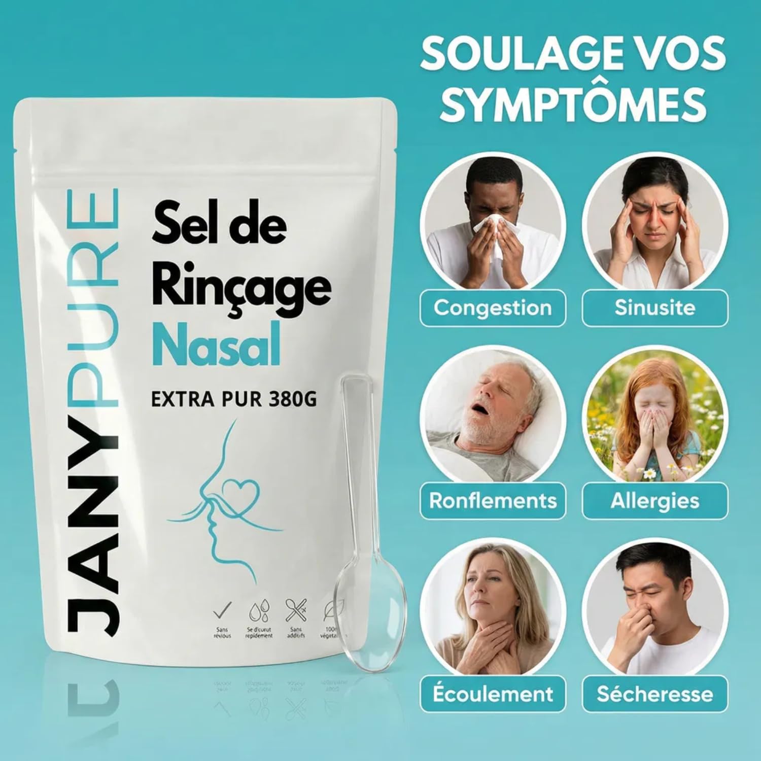 Sel de Rinçage Nasal 380g Format Familial XXL - 152 Doses avec Cuillère Doseuse - Sel Nasal Extra Pur - Solution Saline Isotonique pour Douche Nasale Lavage de Nez Adulte Enfant - Sans Additifs