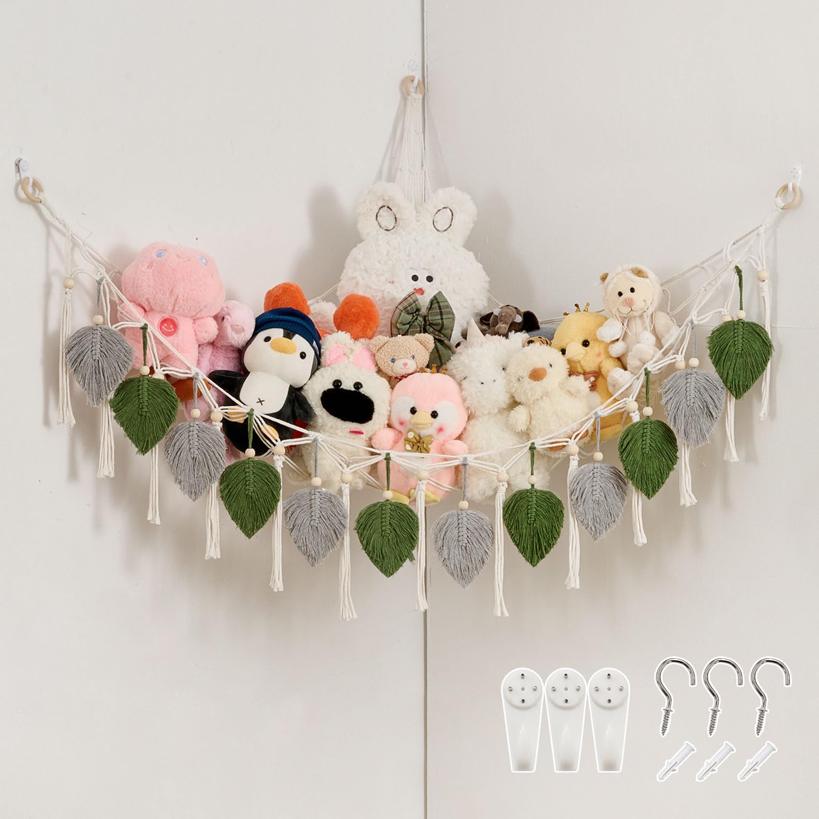Pretty Jolly Macrame Leaf Wall Hanging Storage Hammock, 59" Boho Corner Organizer with Tassels, Stuffed Animal Plush Holder for Kids Room Nursery