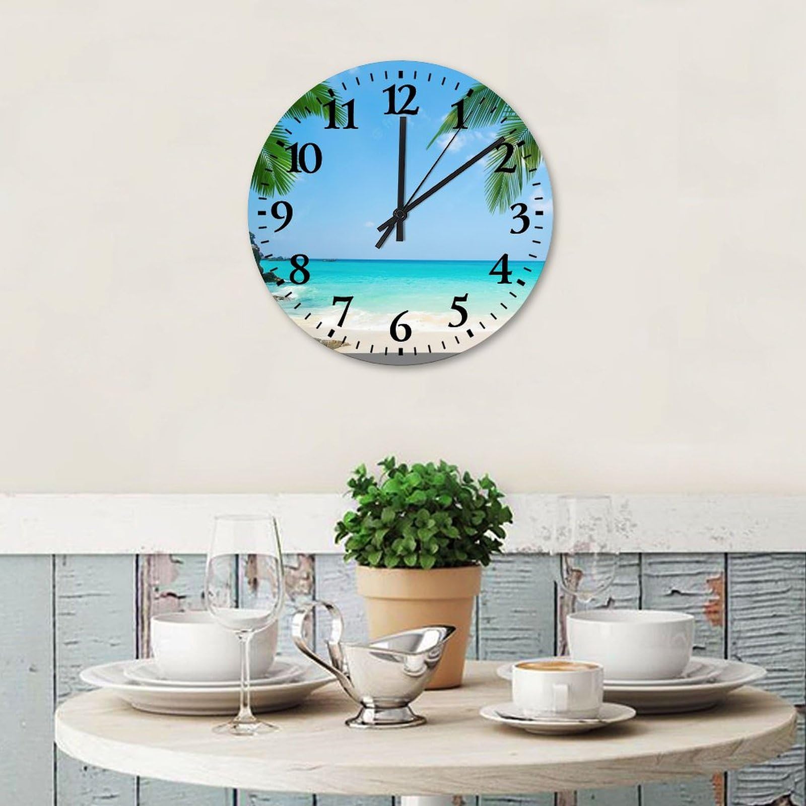 10 Inch Decorative Wall Clock - Rustic Palm Tree Design, Battery Operated & Silent | Wooden Clock For Living Room, Bedroom, Office