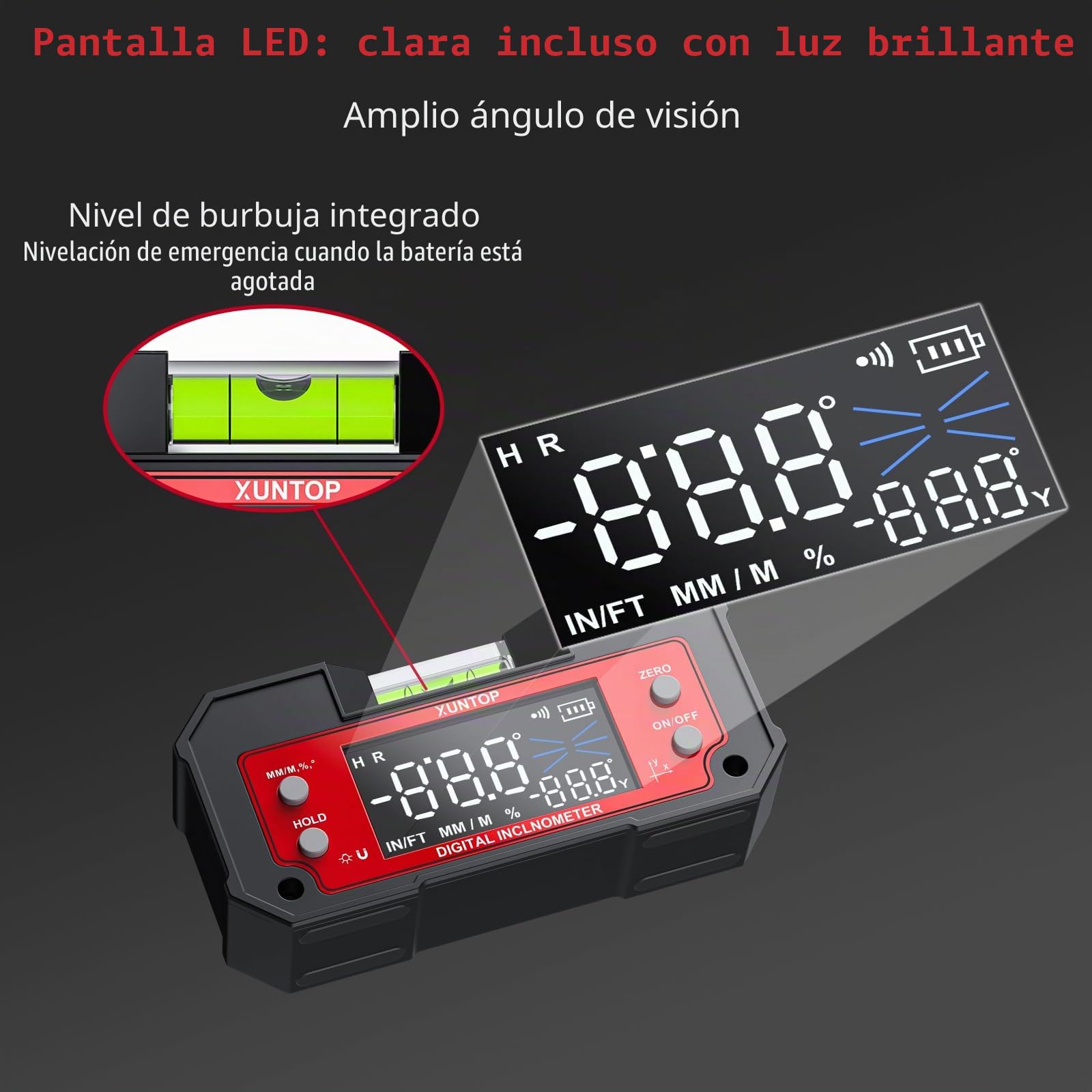 XUNTOP Inclinometro Digital de Doble Eje Eje X 4×90°/ Eje Y ±60° Transportador Digital con Nivel de burbuja Buscador de Ángulo Recargable con Imanes en 2 Lados para Carpintería Construcción Bricolaje