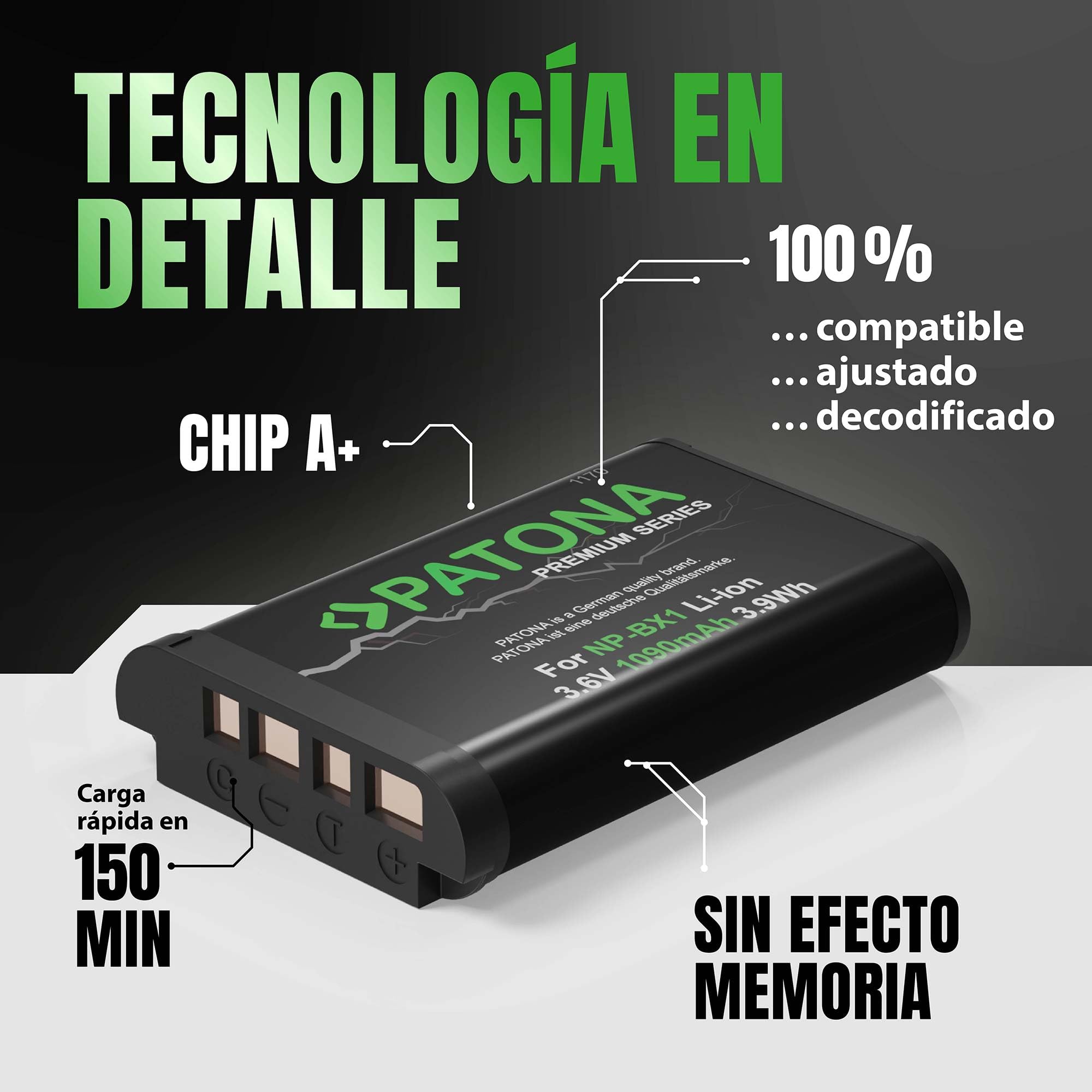 PATONA 2X Premium NP-BX1 Batería 1090mAh Compatible con Sony CyberShot DSC-RX1 R RX1 RX100 II III IV V Vi VII M HX50 HX60 HX80 HX90 HX99 HX400V WX300 WX500 DSC-RX100 DSC-HX50 NPBX1 NP BX1