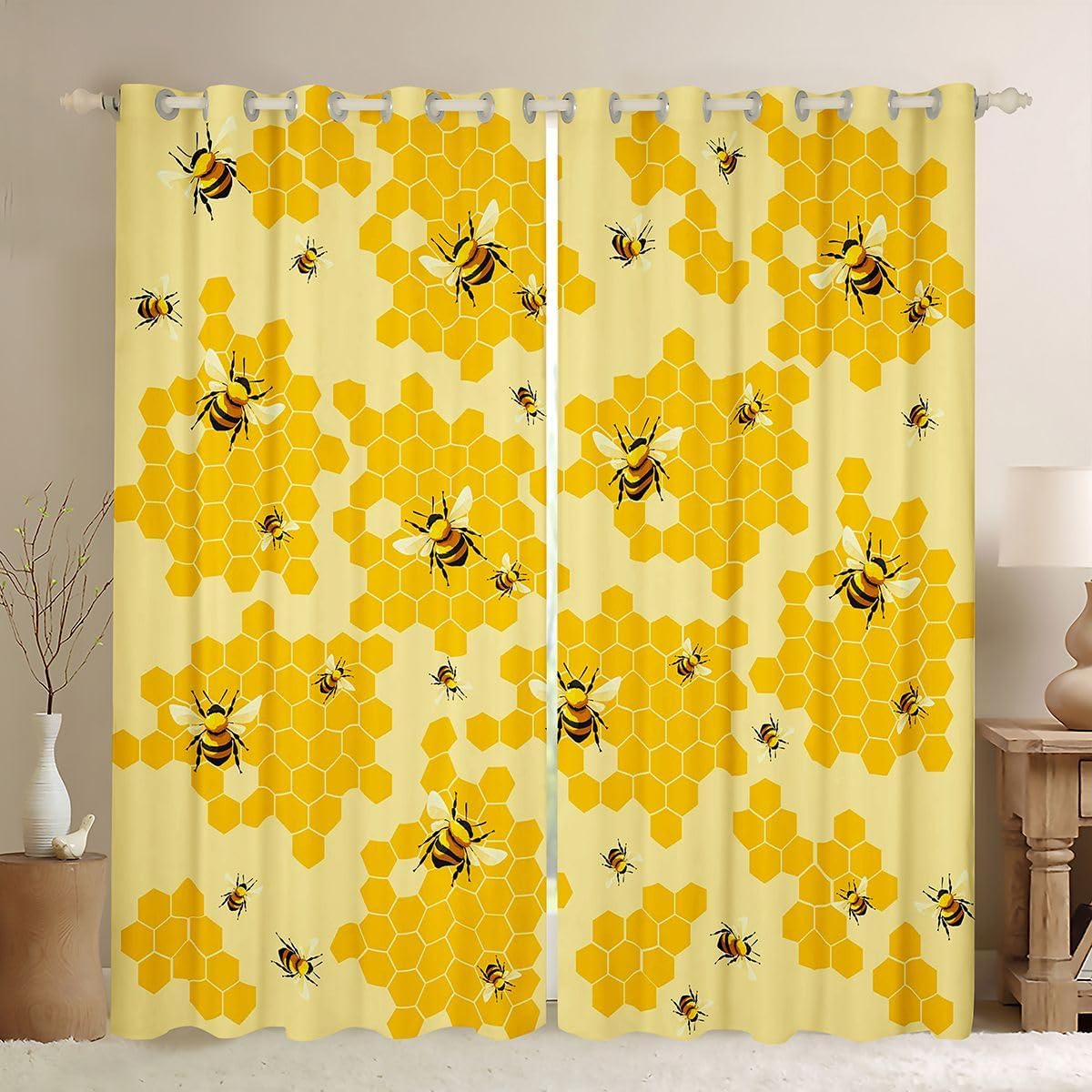 Castle Fairy Honeycomb Blackout Window Drapes,Cartoon Bee Nursery Bedroom Playroom Decor,Abstract Geometric Hexagon Girls Boys Room Decor,Yellow 2 Panels,42Wx90L inch