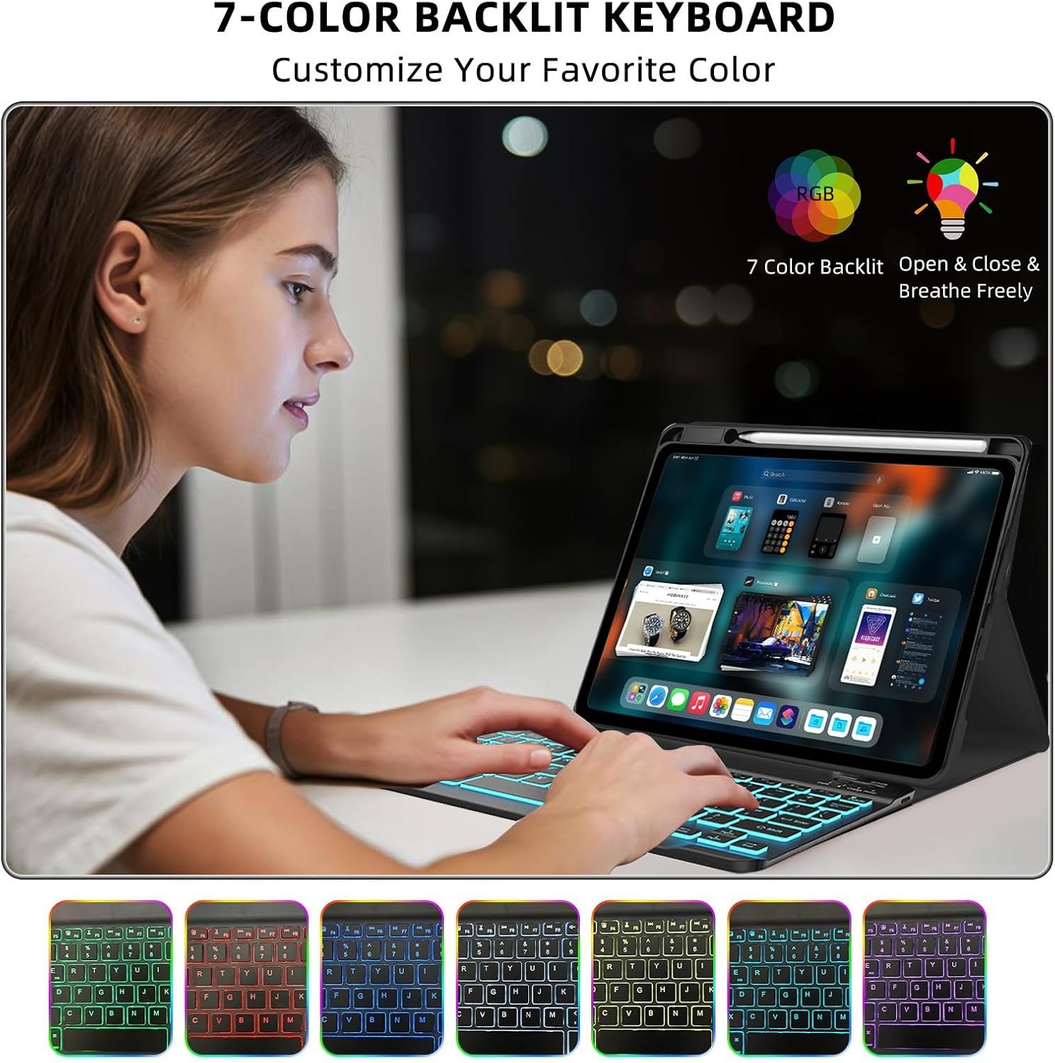 Keyboard Case for iPad 10th / A16 11th Generation 2022/2025-7 Colors Backlit Keyboard Cover and Mouse (Black)