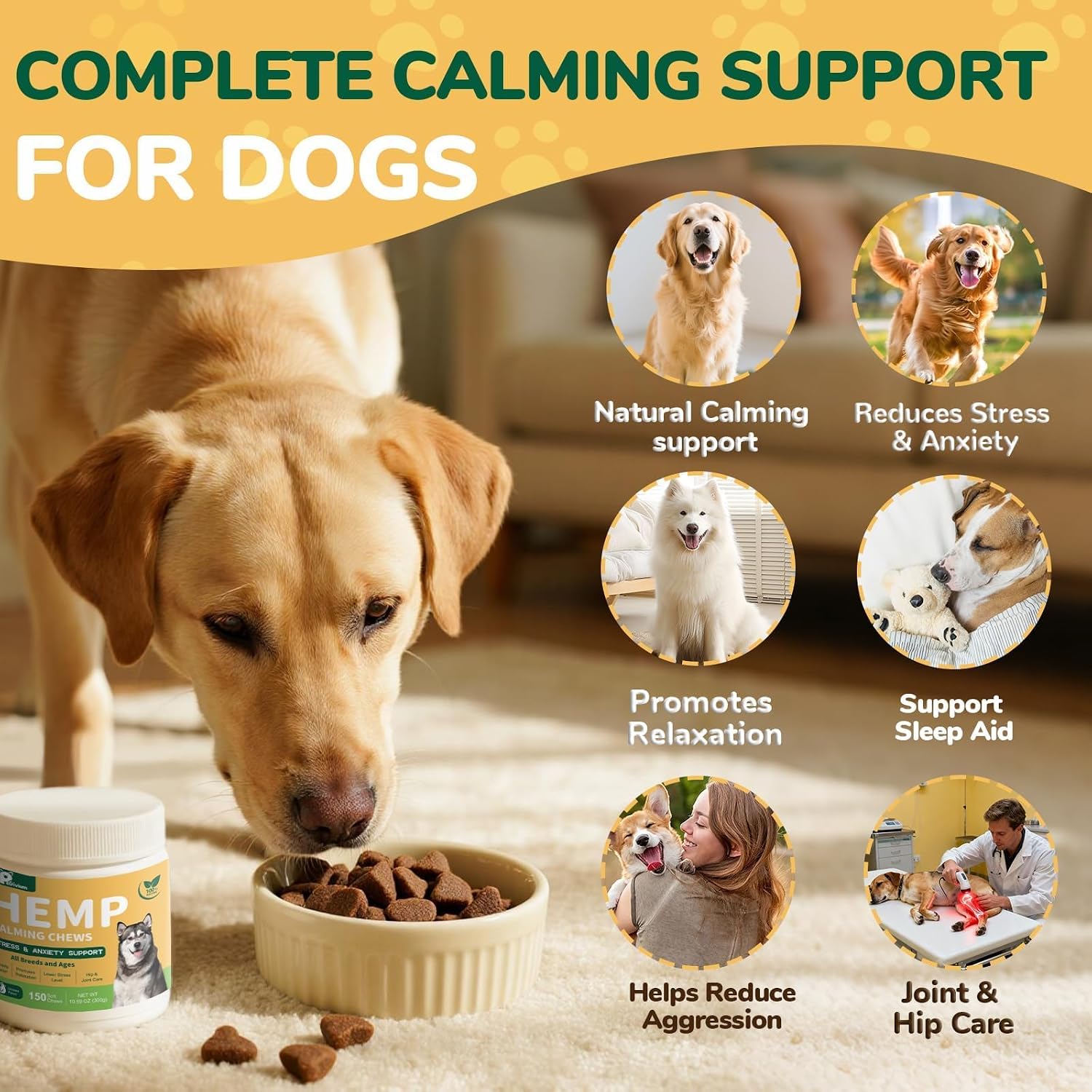 Hemp Calming Chews for Dogs, Calming Bites with Hemp Oil - Anti-Anxiety & Stress Relief Treat for Dogs Puppy Melatonin Sleep Aid Calm Dog with Separation, Noise,Thunder, Barking - 150Ct thumbnail