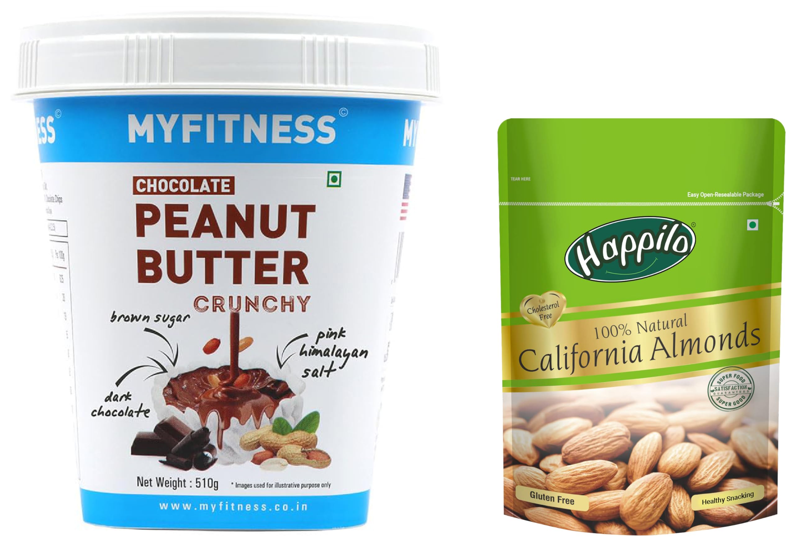 MYFITNESS Chocolate Peanut Butter Crunchy 510Gm | 23G Protei & Happilo 100% Natural Premium California Almonds 200 G Dried