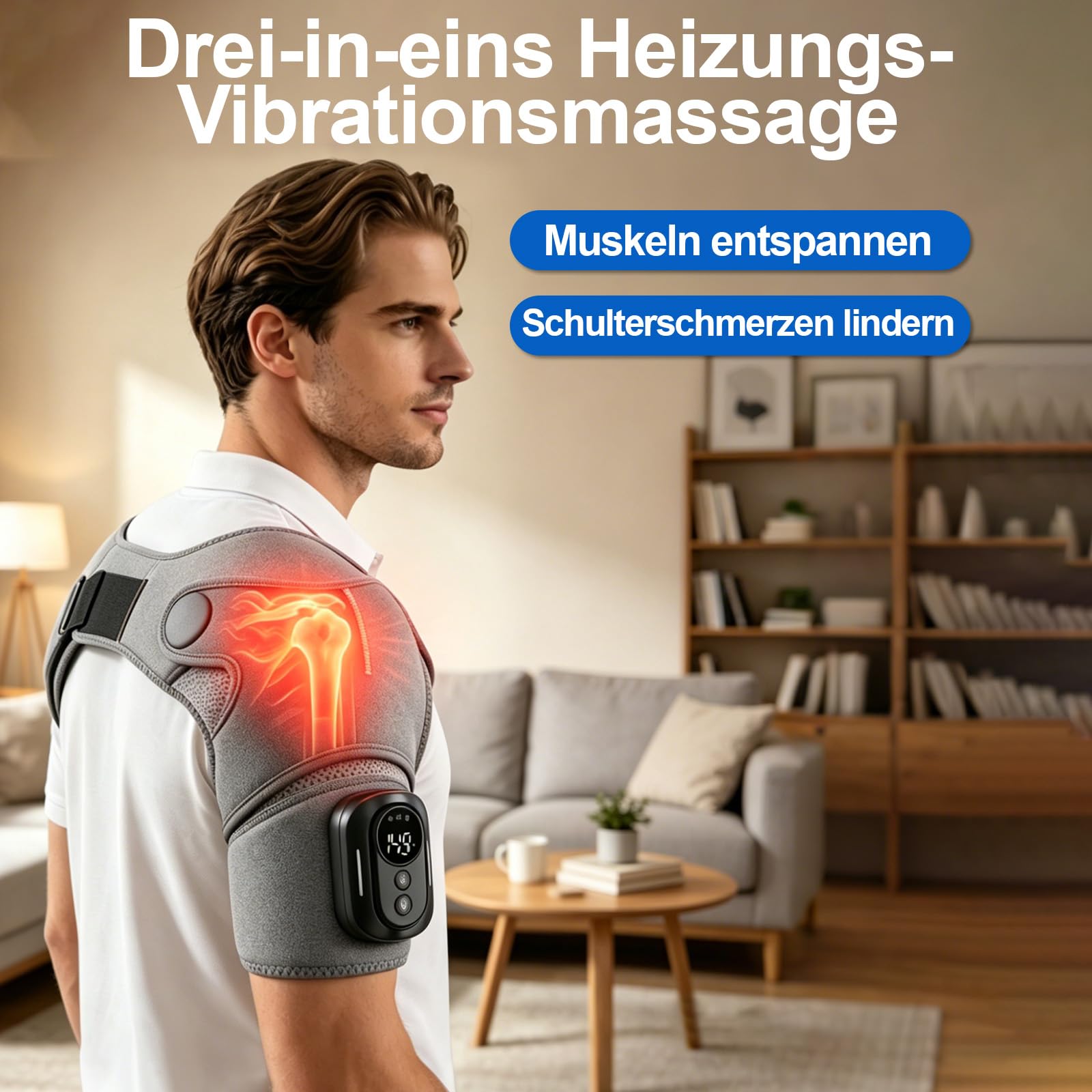 Schulter Massagegerät, 3-in-1 Massagegerät mit magnetischer Steuerung, Schulterbandage mit 5 Heizstufen & Vibration, 5000mAh Akku, 6600r/min Motor Schultermassagegerät für Zuhause & Büro, Grey