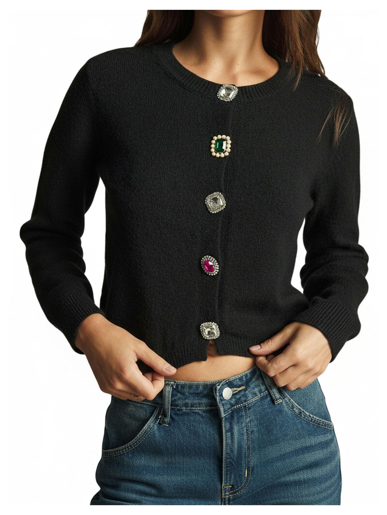 Womens Gem Button Cardigan Crew Neck Cropped Sweaters Elegant Fall Outfits