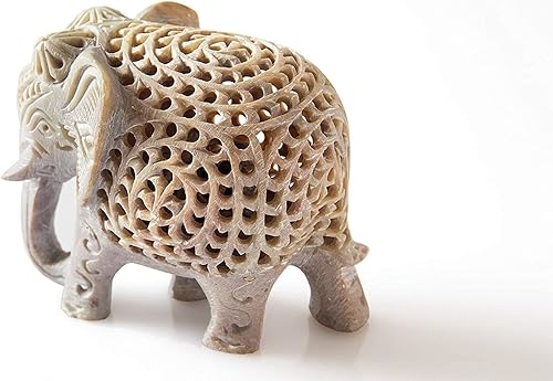 Miniatura 2 de Craftslook - Figura de elefante de la suerte con elefante en la estatua del vientre, hecha a mano en Jali o calado de un solo bloque de piedra de la
