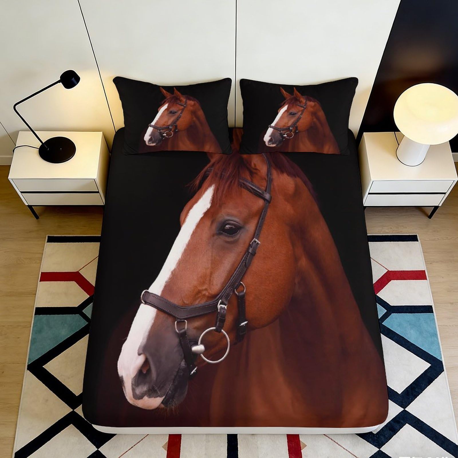 3D Printed Horse Theme Fitted Sheet Microfiber Deep Pocket Non-Slip Horse Mattress Fitted Cover for Bedroom 140x200x25cm