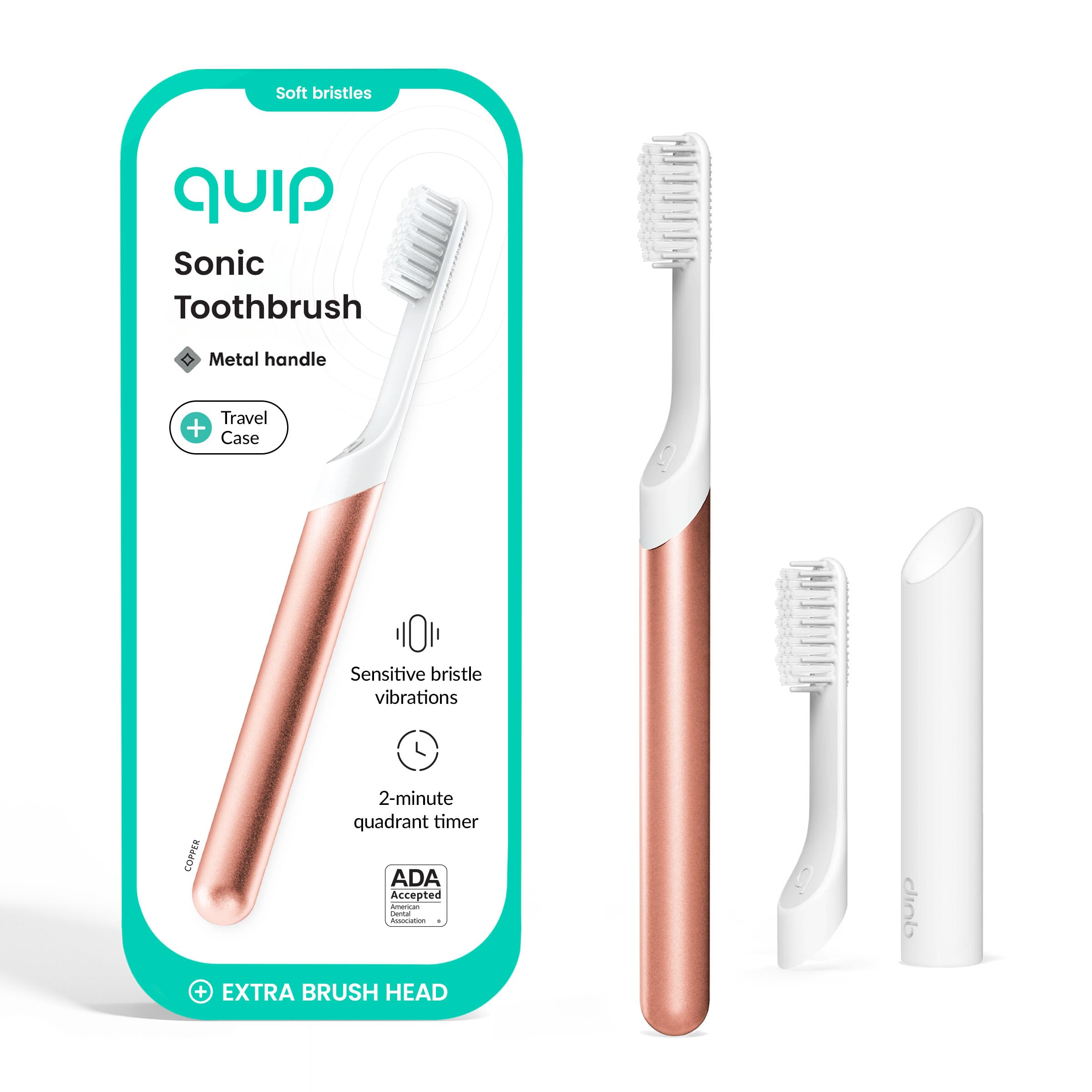 Quip Sonic Toothbrush for Adults with Timer - Includes Extra Brush Head and Travel Cover Mount - Electric