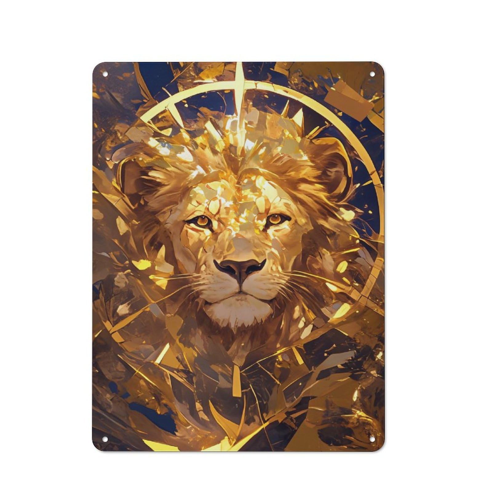 Workshop Style Garage Metal Sign 40x30cm Featuring Golden Lion Abstract Portrait, Industrial Wall Art for Garage, Hobby Room, Office Or Man Cave