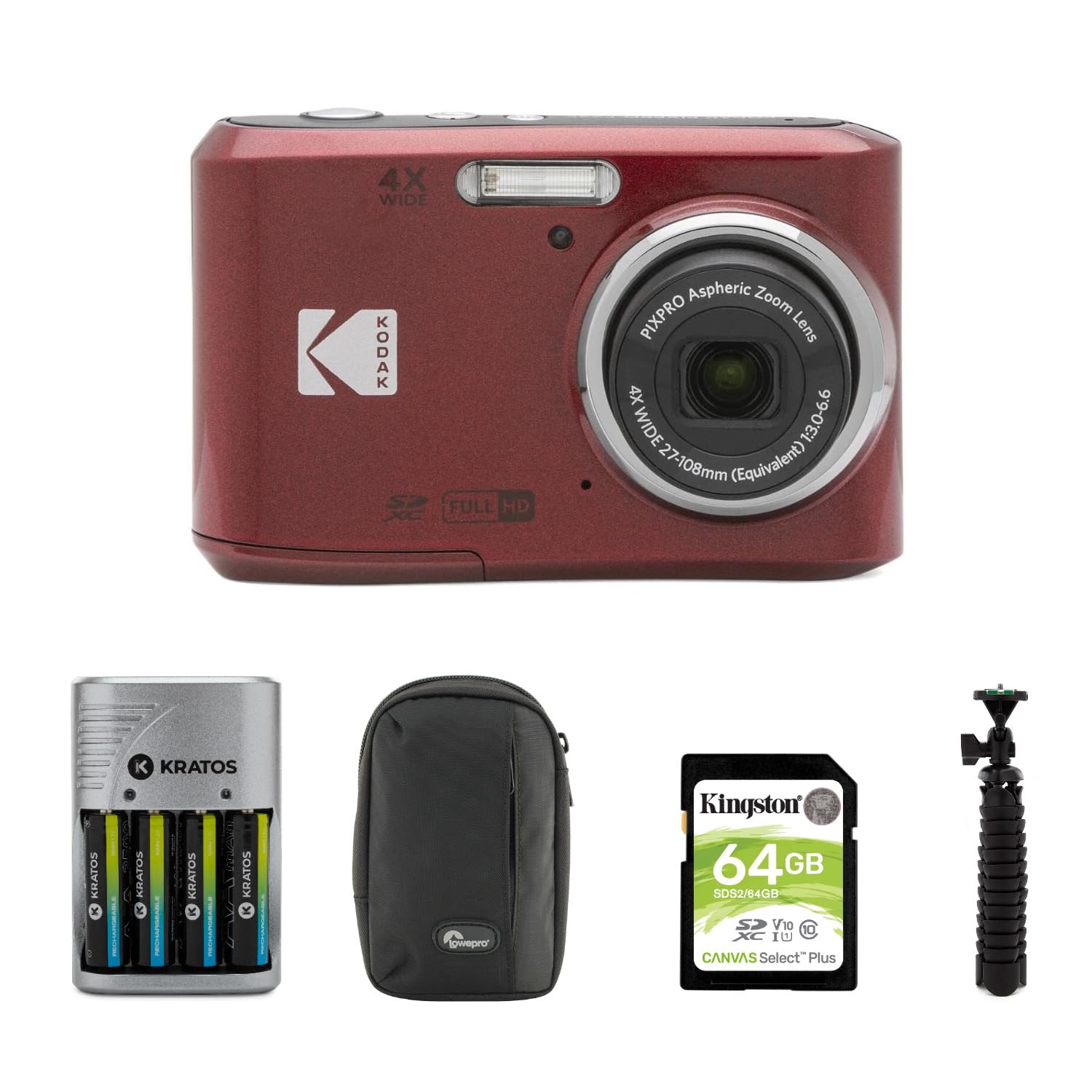 Kodak PIXPRO FZ45 Friendly Zoom Digital Camera (Red) Bundle with 64 GB UHS-I U1 SDXC Memory Card, Rapid Travel Charger with 4 AA Rechargeable Batteries, Spider Tripod, and Camera Case (5 Items)