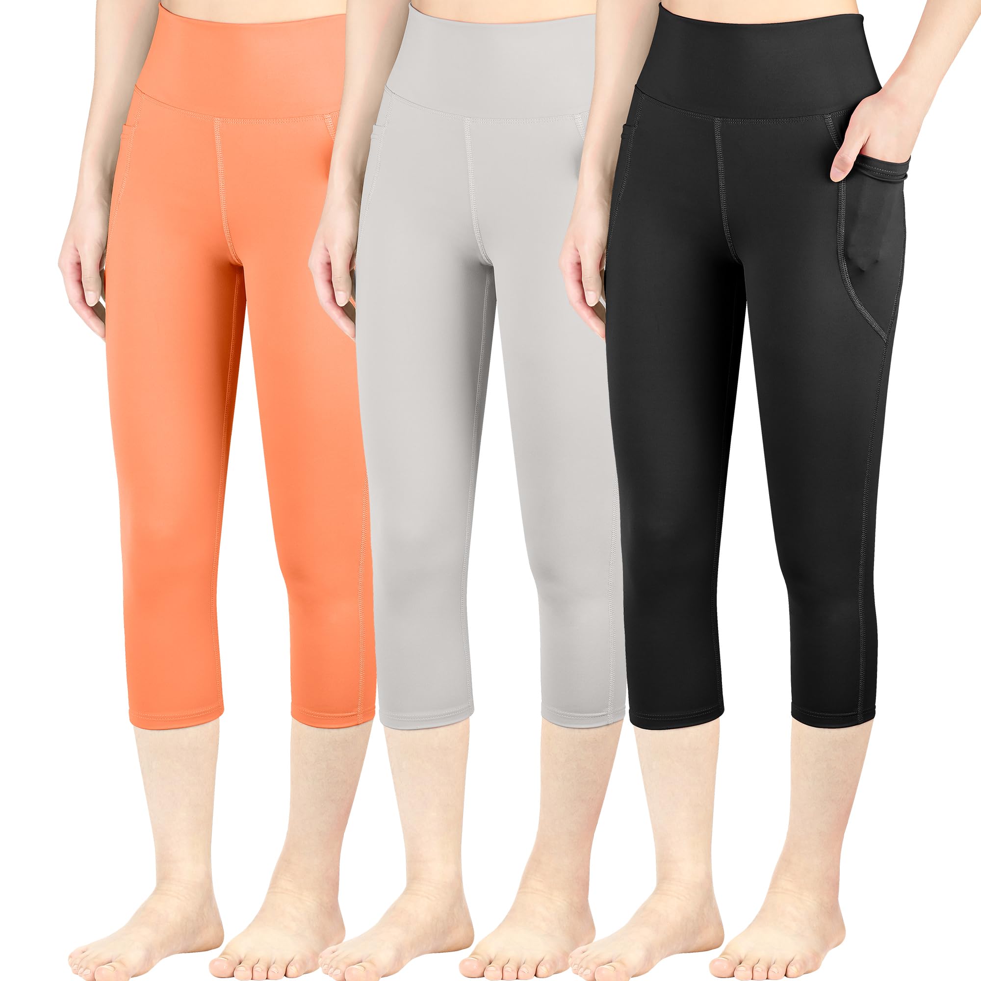 BIG ELEPHANT – Paquete de 3 Leggings Capri para Niñas con Bolsillos – Pantalones de Cintura Alta para Yoga y Deportes, Ideales para Correr, Danza y Entrenamiento