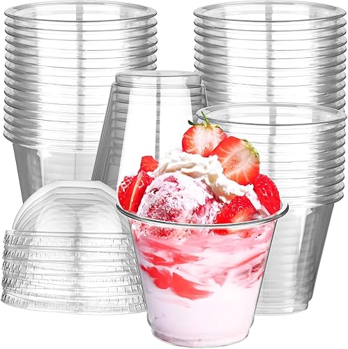Miniatura 1 de Giwrmu 50 tazas de postre de plástico transparente de 8 onzas con tapa de cúpula, tazas desechables para helado y tazas de parfait, vasos de