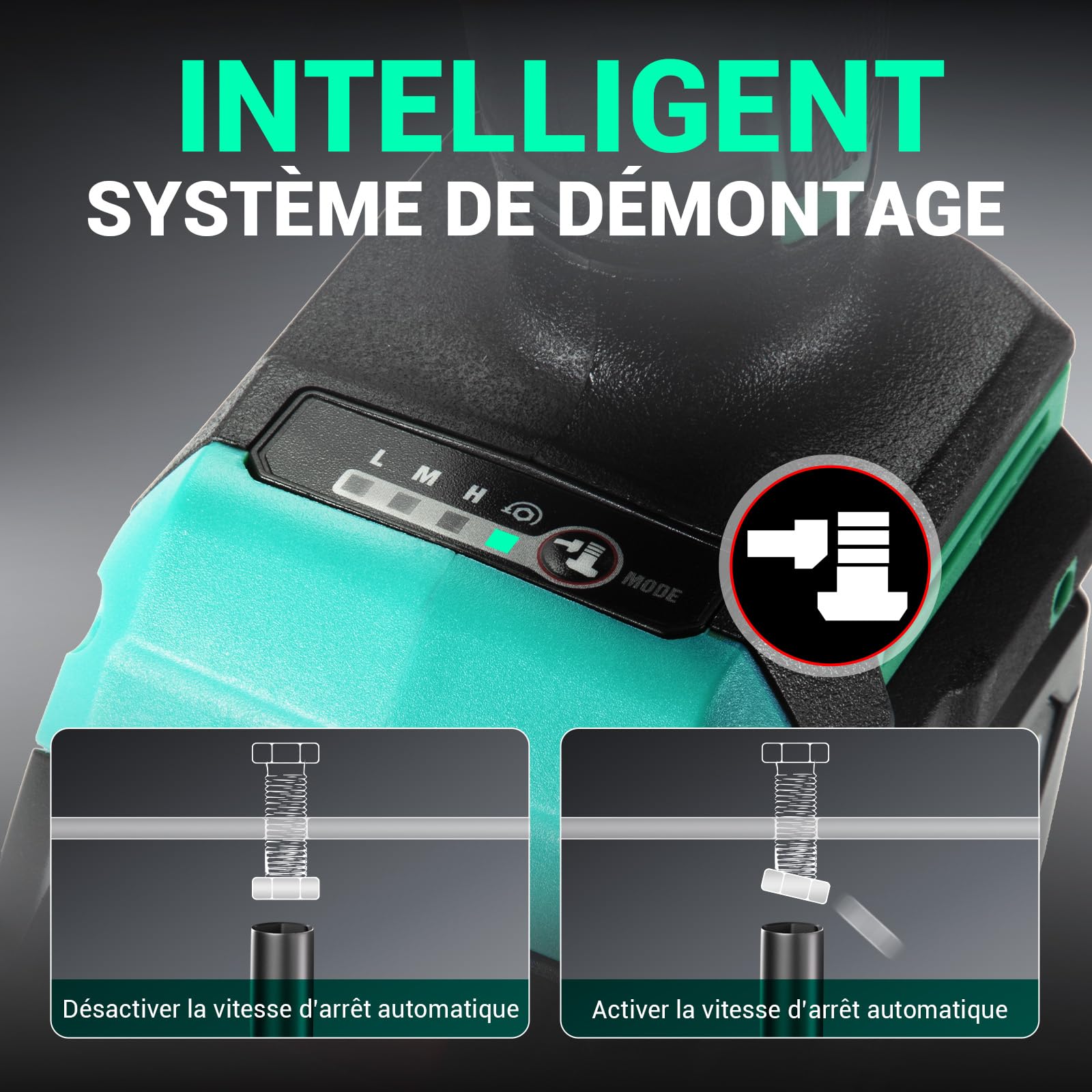 DCA Clé à chocs sans fil 20V Brushless, 682 Nm de couple max, enclume à anneau 13 mm, 2* batterie Li-ion 4000 mAh, 4 modes, lampe LED, design compact, fonction Smart Loosen ADPB520