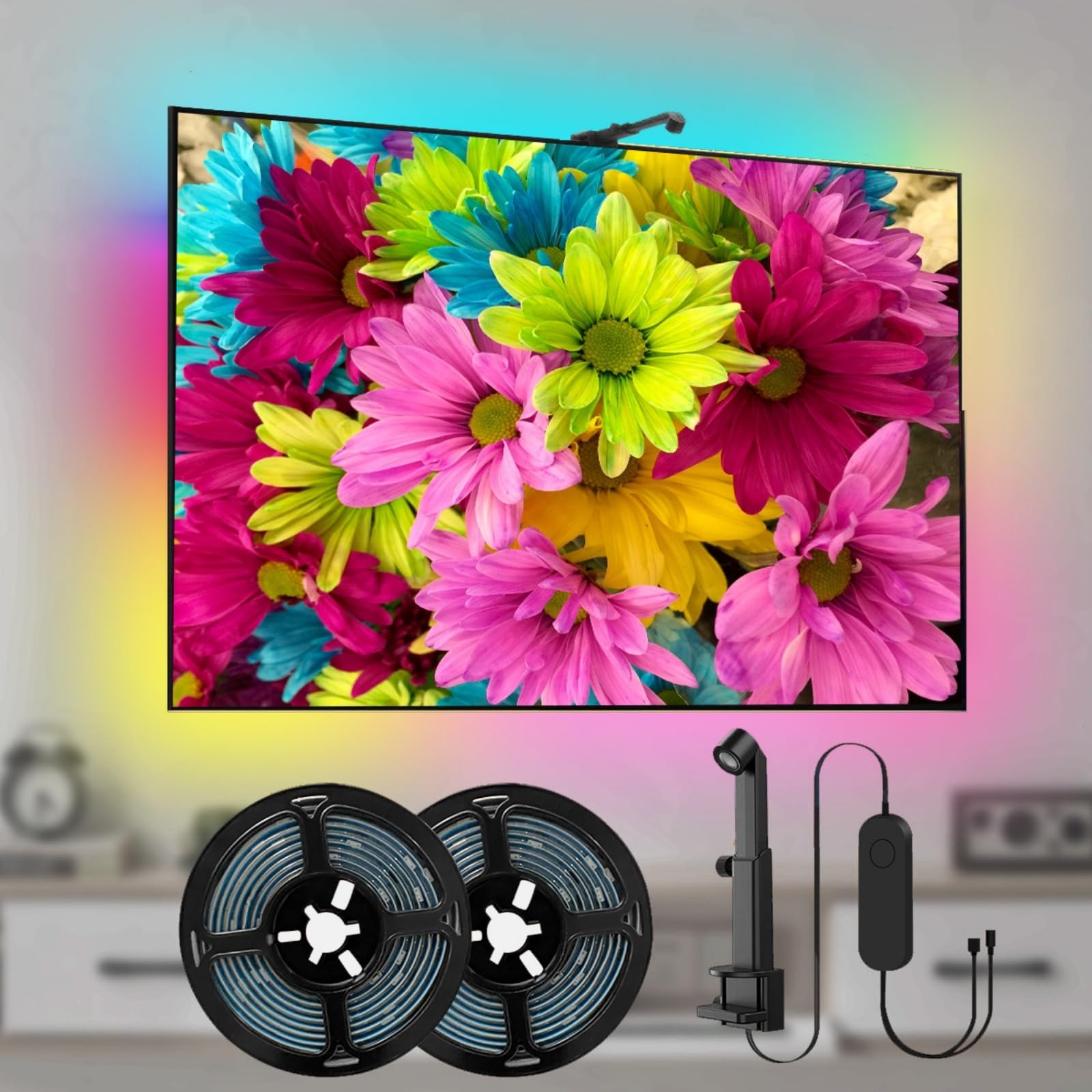 TV Reactiva Led Retroiluminación TV Luz De Fondo con Sensor para Tomar Color Sonido Y Luz Ritmo Sincrónico Bluetooth App Control USB Led Strip Lights For TV Strip Lights(5V Phantom 5M)