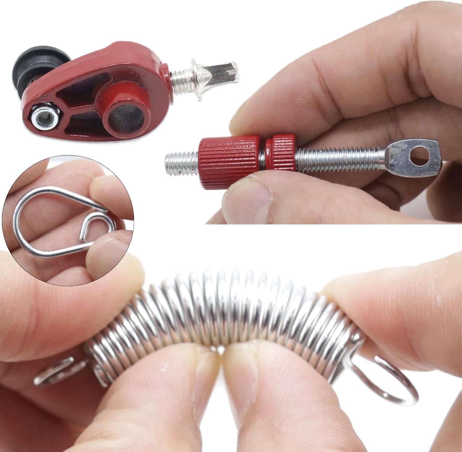 Hands assembling the tensioner rod and spring