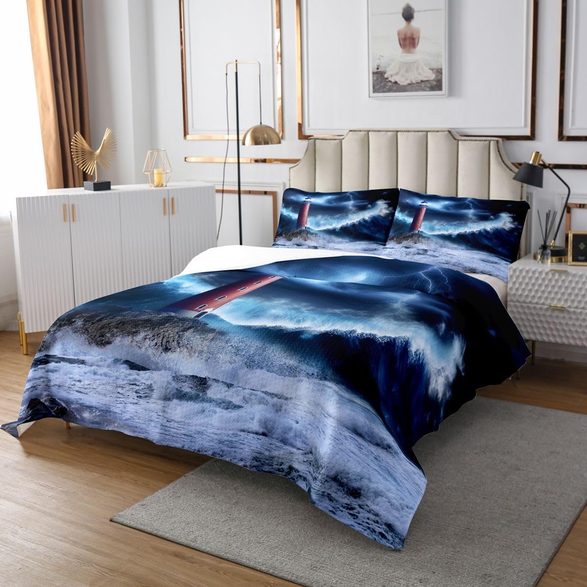 Erosebridal Lighthouse Quilted Coverlet Nautical Coverlet Set Surfing Ocean Wave Bedding Set Twin Size Coastal Nature Theme Quilted for Kids Boys Girls Teens Living Room Decor, Blue