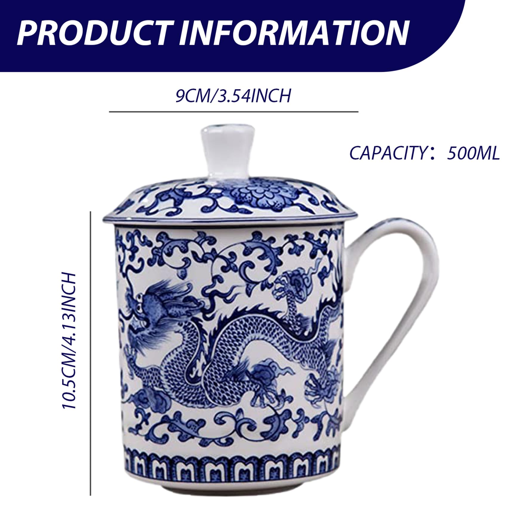 Tazza da tè in Ceramica Blu e Bianca di capacità da 500 ml con Coperchio e Manico, Tazze da tè Cinesi per Foglie sfuse, Ufficio a casa