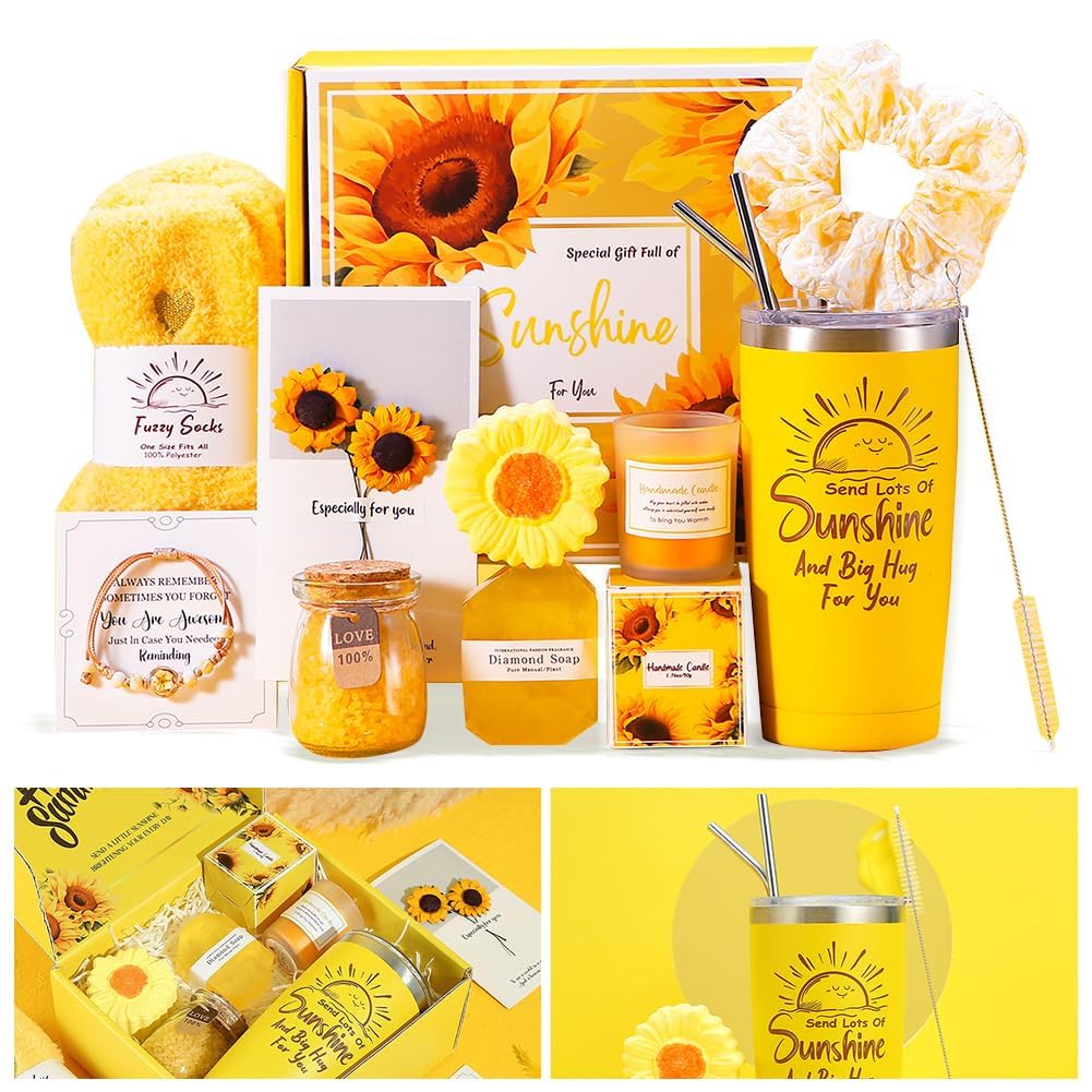 Regalos para mujeres, paquete de cuidado personal para mujeres, cestas de regalo de girasol de ganchillo para mujeres, cumpleaños, día de la madre, regalos únicos para enviar sol