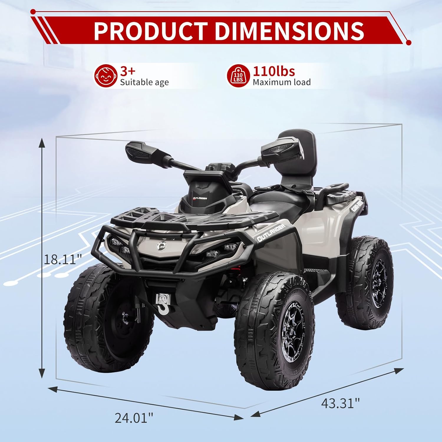 24V Kids Ride On Car,2 Seater Licensed Can-Am Electric ATV Car for Kids,4 Wheeler 4WD Ride On Electric Toy Car with Bluetooth,Led,3 Speeds,Leather Seats,Grey