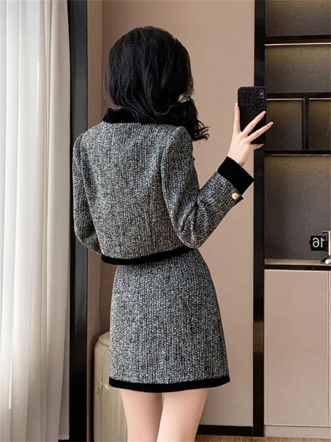 Women Tweed Two Piece Set Thick Jacket Skirt Casual Outfit