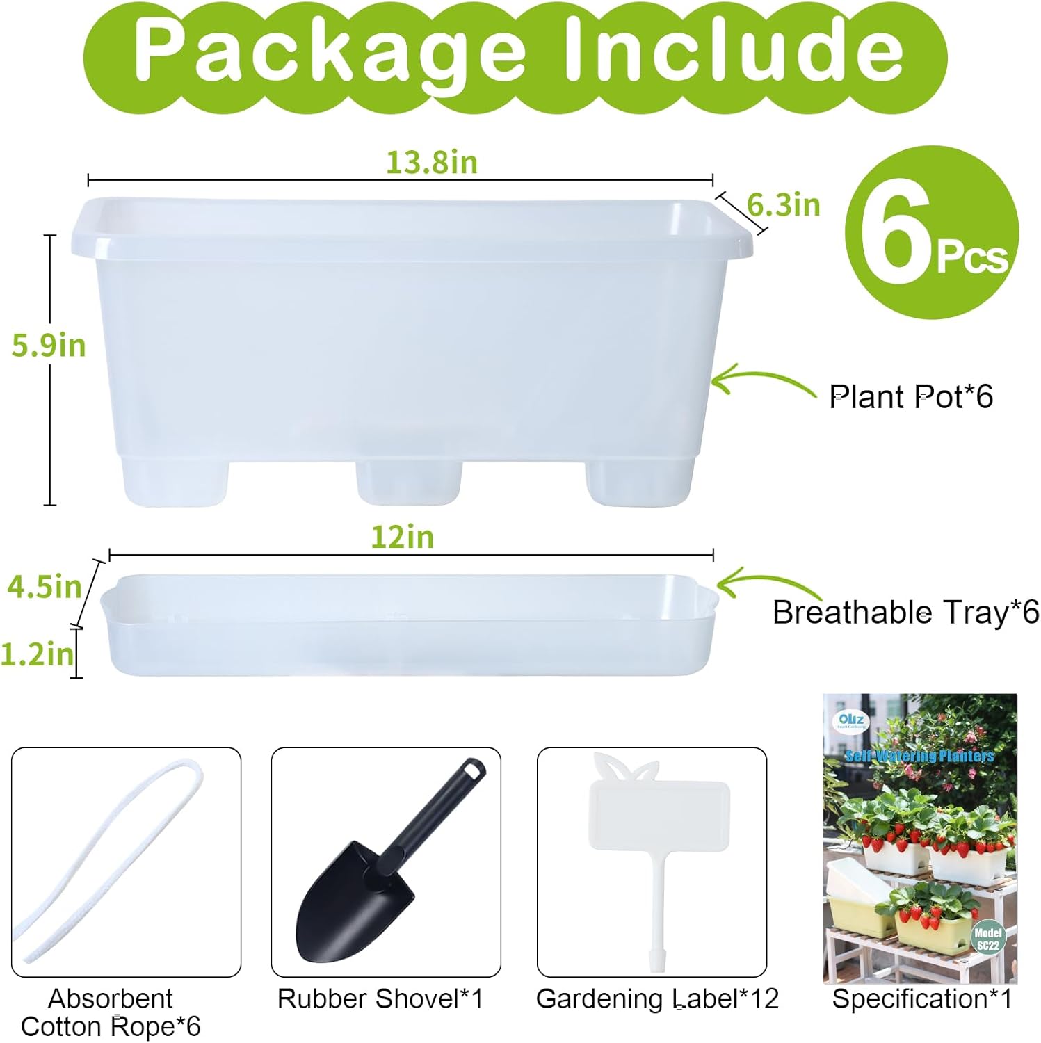 Oliz Window Box Planter 6 Packs, 13.8 Inches Rectangle Flower Pots with Drainage Holes & Trays, Pots for Vegetables, Herbs, Flowers, Garden Windowsill Balcony (Translucent White)