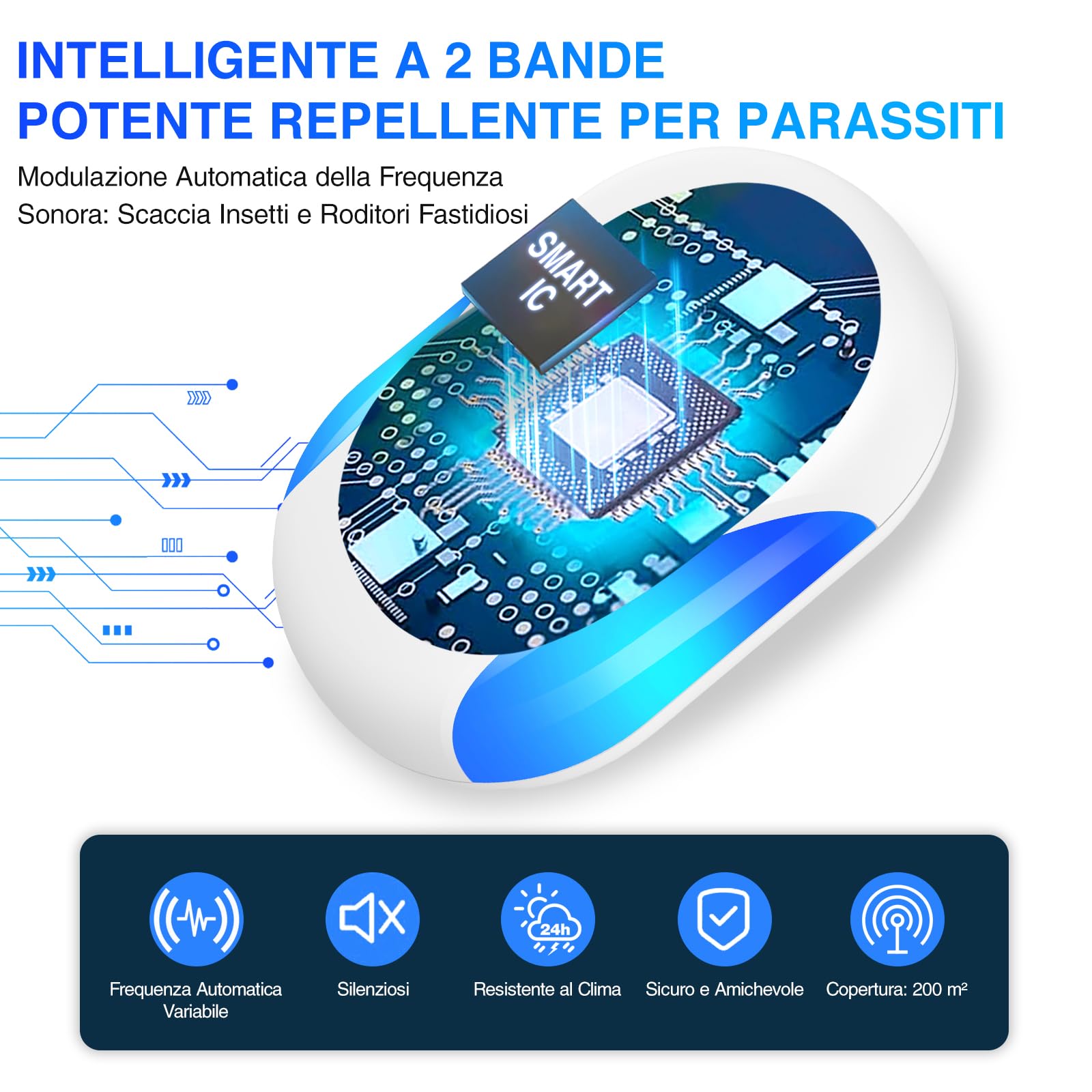 Ultrasuoni per Topi da Interno 4 Pezzi - Dissuasore Ratti, Insetti, Zanzare, Scarafaggi, Formiche e Ragni - Tecnologia Ultrasuoni Silenziosa, Sicura e Non Tossica - Copertura Fino a 200 m²