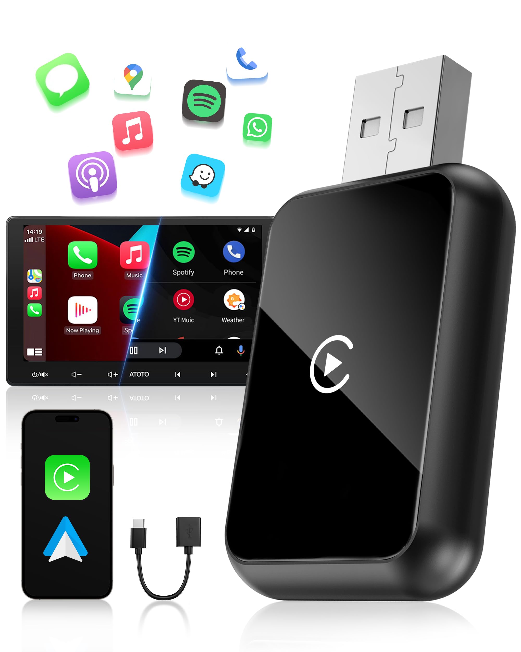 Adattatore Android Auto Wireless & Carplay Wireless 2 IN 1, 2.4/5GHz Bluetooth Connessione Stabile, 5.8GHz WiFi/USB C/A 3.0 Trasferimento Dati Veloce, per Apple iOS 10+, Android 11+