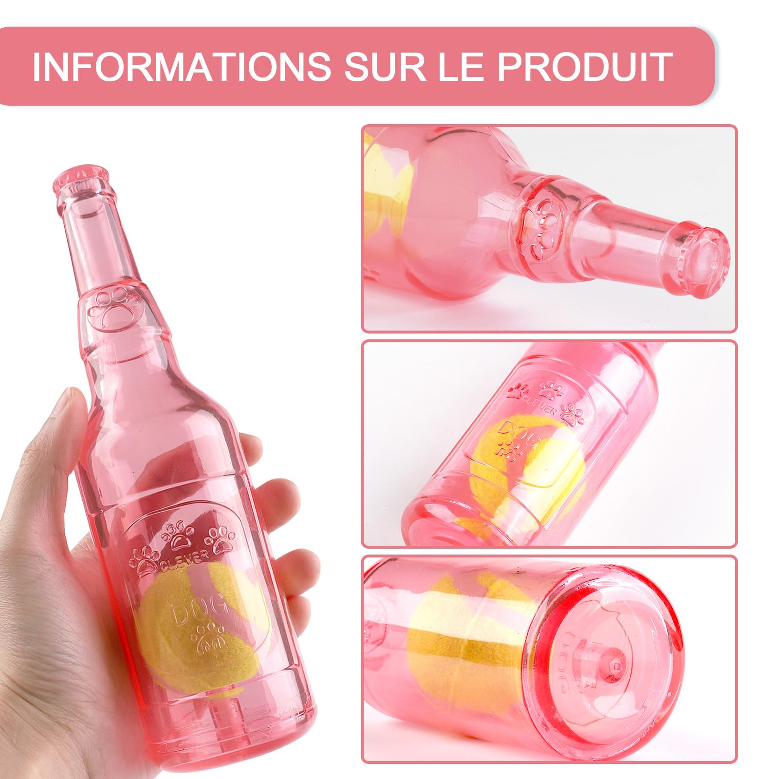 Jouet pour Chien en Bouteille de Caoutchouc, Jouets Interactif à Qui Couinement pour Chiot, Résistant à la Morsure Jouet pour Les dent pour Jeux Petits et Moyens Chiens (Rose)