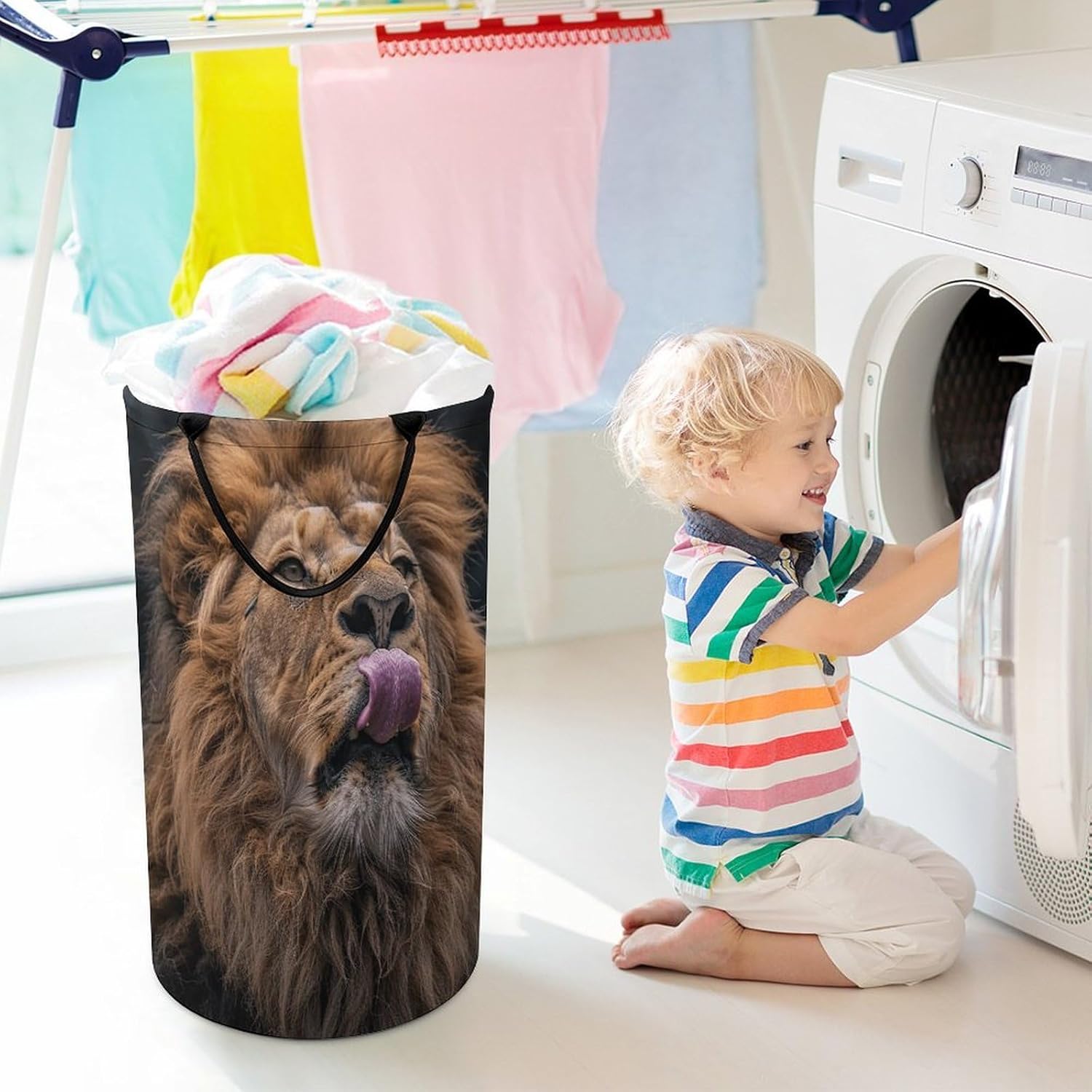 Round Lion Sticks Out Tongue Laundry Hamper Large Collapsible Waterproof Laundry Basket with Handles Dirty Clothes Toy Storage Organizer Bin for Bedroom Dorm Bathroom