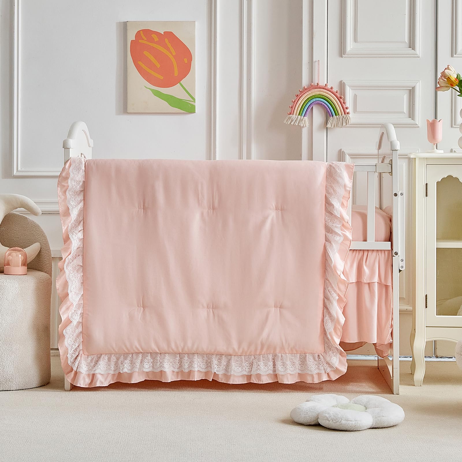 Juego de ropa de cama para cuna con volantes de encaje, 3 piezas, edredón acolchado de encaje bohemio para bebé con sábana ajustable y faldón de cama, bonito juego de ropa de cama para bebé con volantes, diseño de manta suave, color crema, blanco y beige