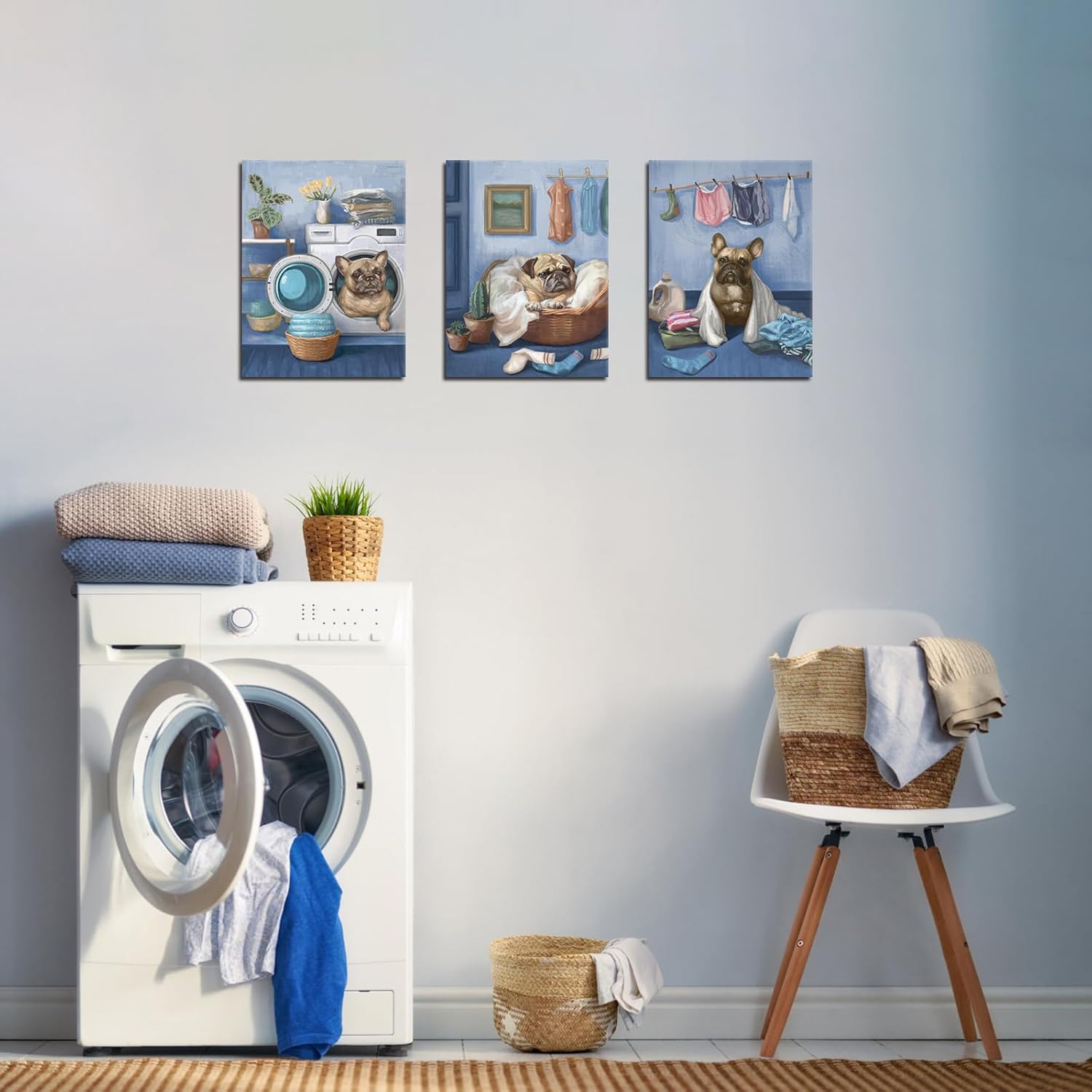 Conipit Laundry Room Canvas Wall Art Funny Dog Painting Prints Vintage Laundry Dog Artwork Decor for Laundromat Dry Cleaning Store Framed (Small, blue)