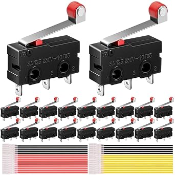 20Pcs Momentary Micro Limit Switch 5A 125V 250V AC SPDT 1NO 1NC 3Pin 19mm Short Hinge Roller Levr Arm Switch Snap Action Button Type with Terminal Wires for Electronic Product Home Appliance