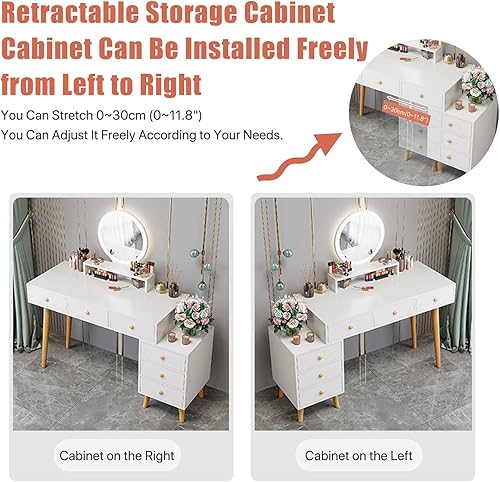 Miniatura 4 de Tocador de maquillaje con luces y 6 cajones, juego de tocador de madera para dormitorio, escritorio de maquillaje con espejo de atenuación de