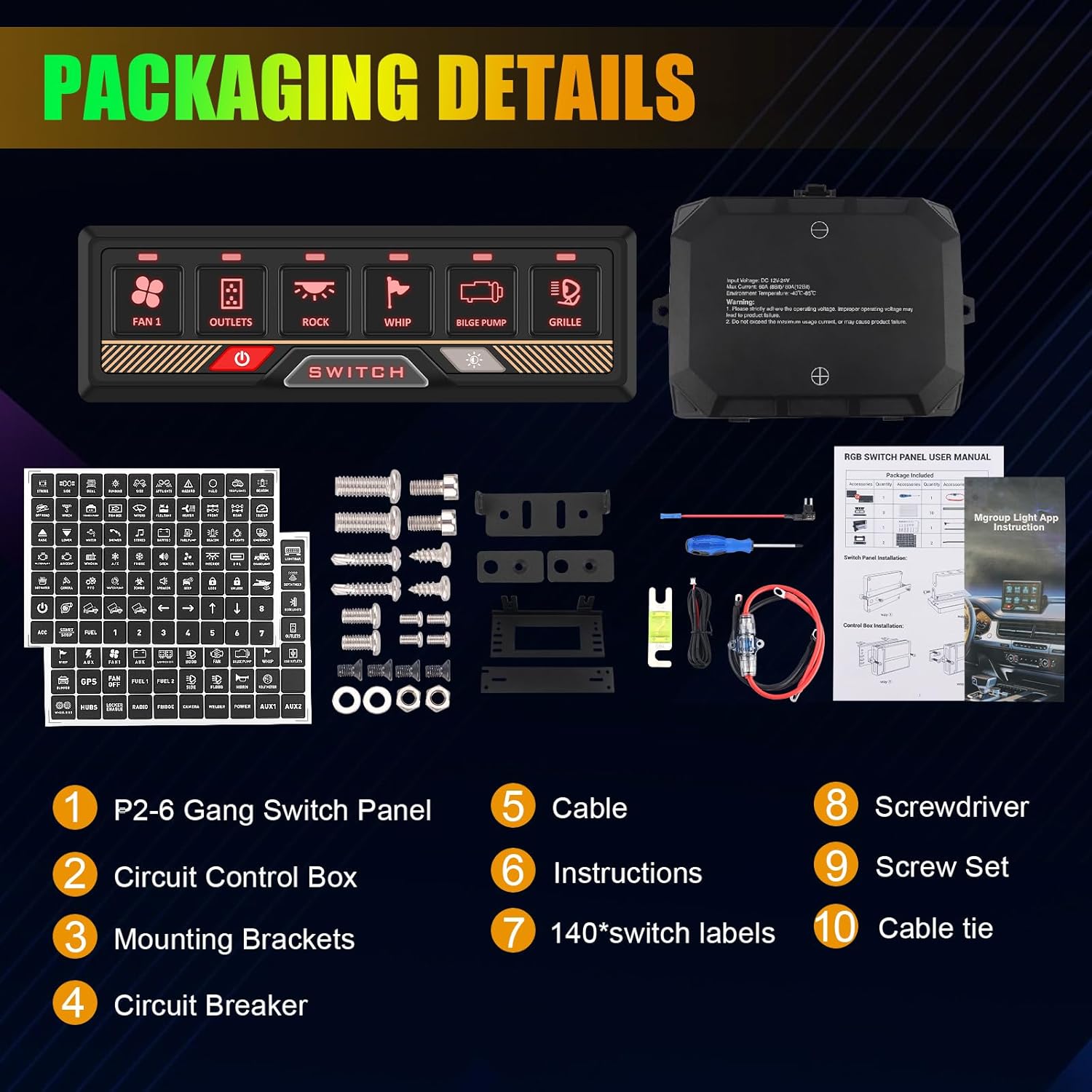 Contents of the Chelhead P2-6Gang RGB Bluetooth Switch Panel package