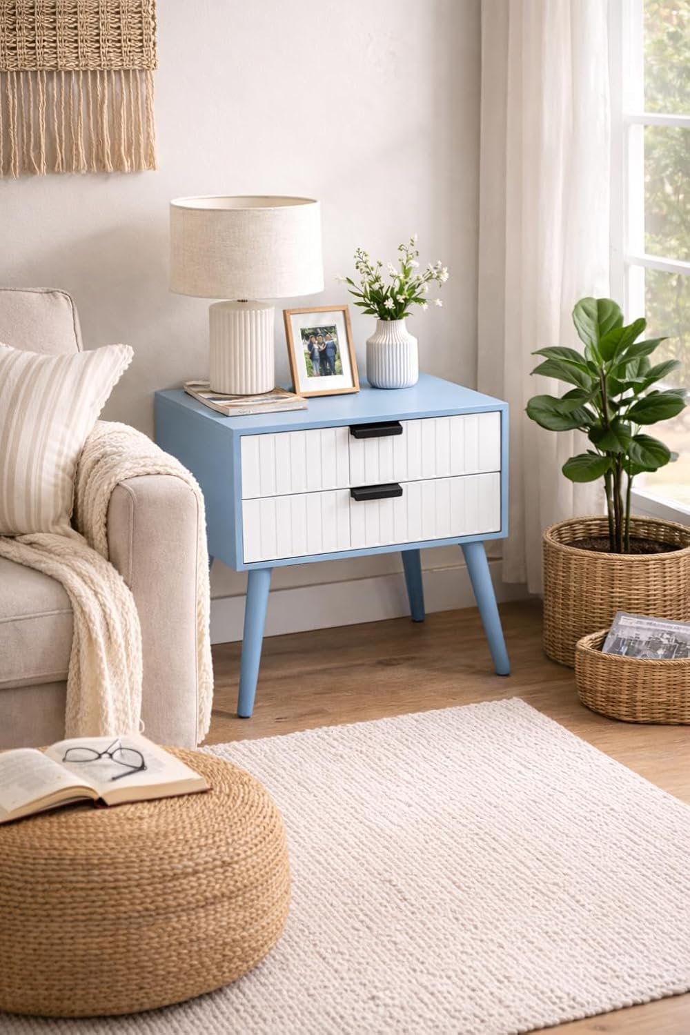 nightstands end side table solid wood legs,for bedrooms,bedside table, storage box,large lattice, more storage space, 2 drawer designs (blue & white)