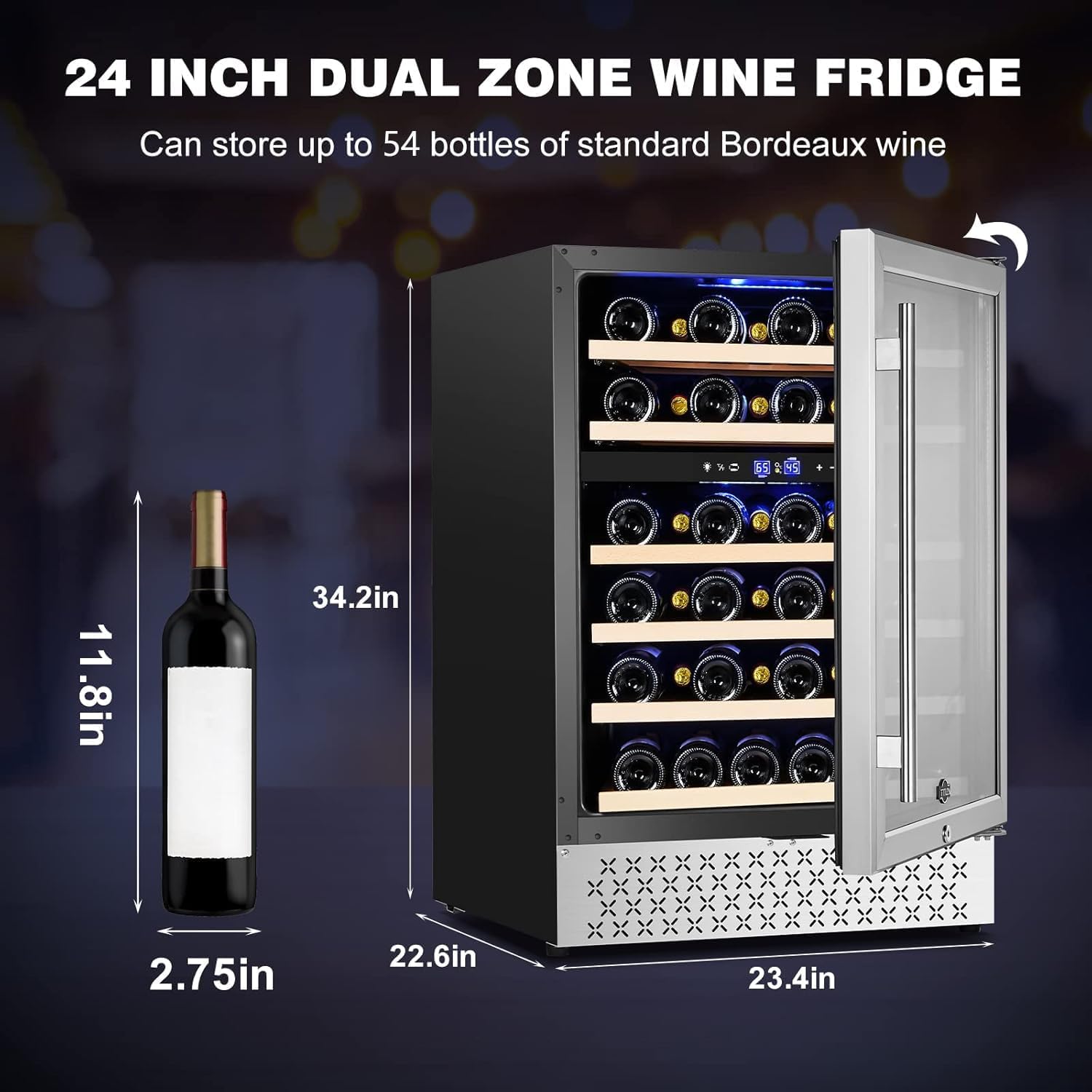 Tylza 24'' Wine Fridge, Dual Zone Wine Refrigerator, 54 Bottles, Lock, Glass Door, Built-In Compressor, 6 Adjustable Shelves, Undercounter Or Freestanding, Wine Cooler Refrigerator For Home Bar Office on Fridge.com - View 6