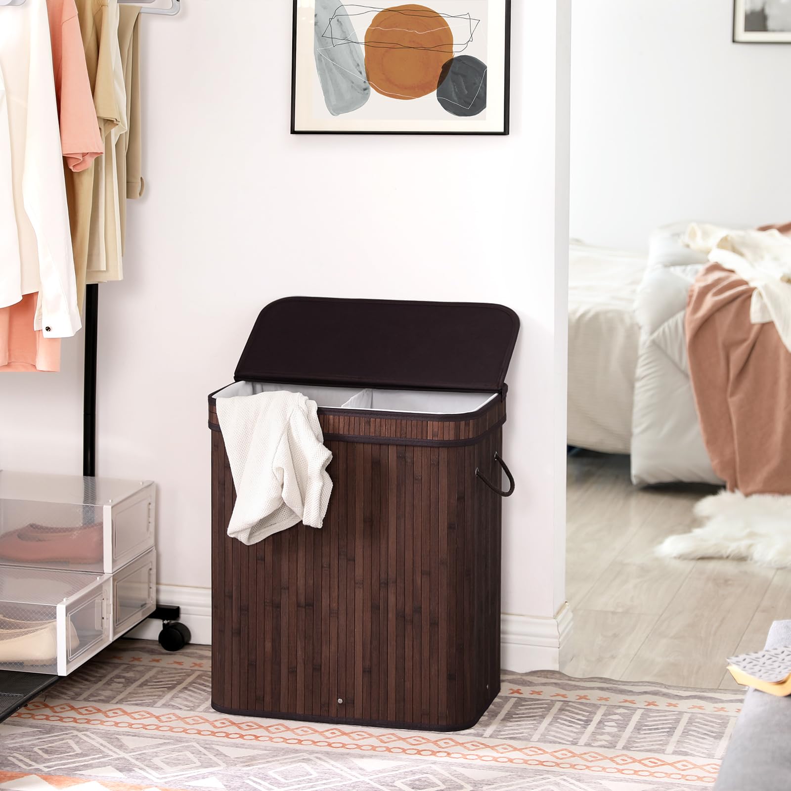 Panier à linge en bambou, 72 L – Collecteur de linge avec 2 compartiments – brun, avec couvercle et fermeture éclair – pour linge clair et linge foncé – pour salle de bain, chambre ou buanderie (Brun)