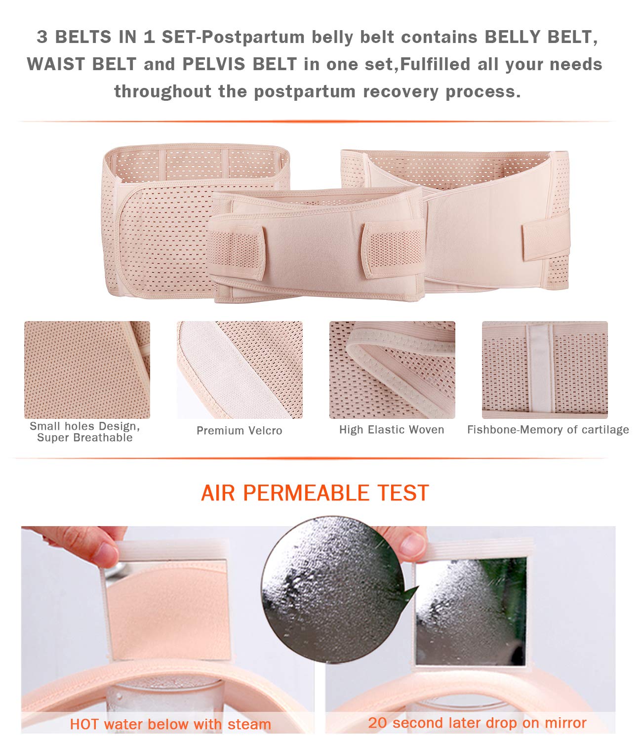 Cinturón Postparto 3 en 1, Fajas Postparto Soporte Transpirable Elástico Vientre/Cintura/Soporte Pélvico, Cinturón de vientre Ajustable Multifuncional Para la Mujer y Maternidad