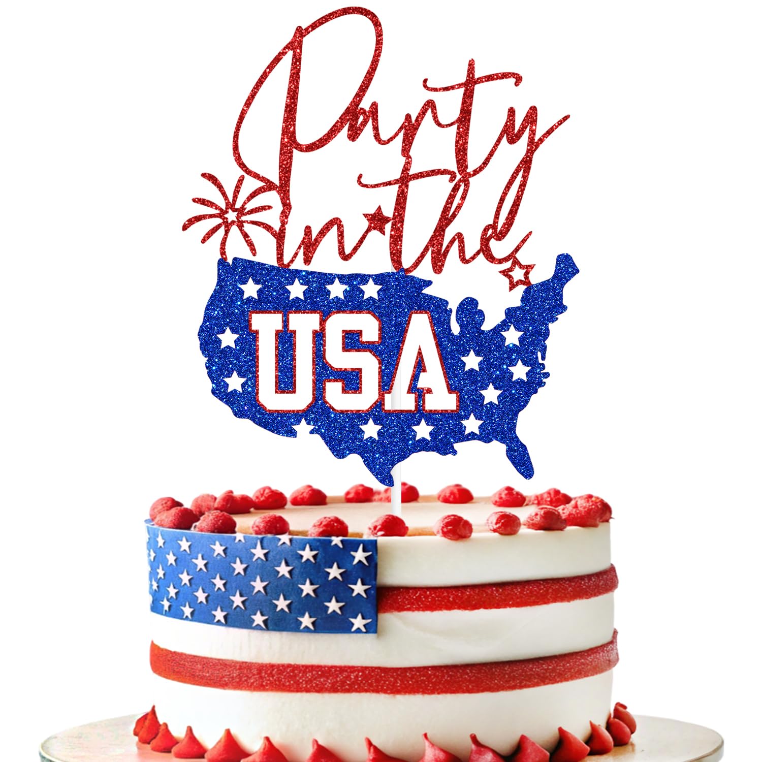 레드 글리터 파티 in the USA 케이크 토퍼, God Bless America/Happy Birthday America, 7월 4일 독립 기념일 파티 장식 용품