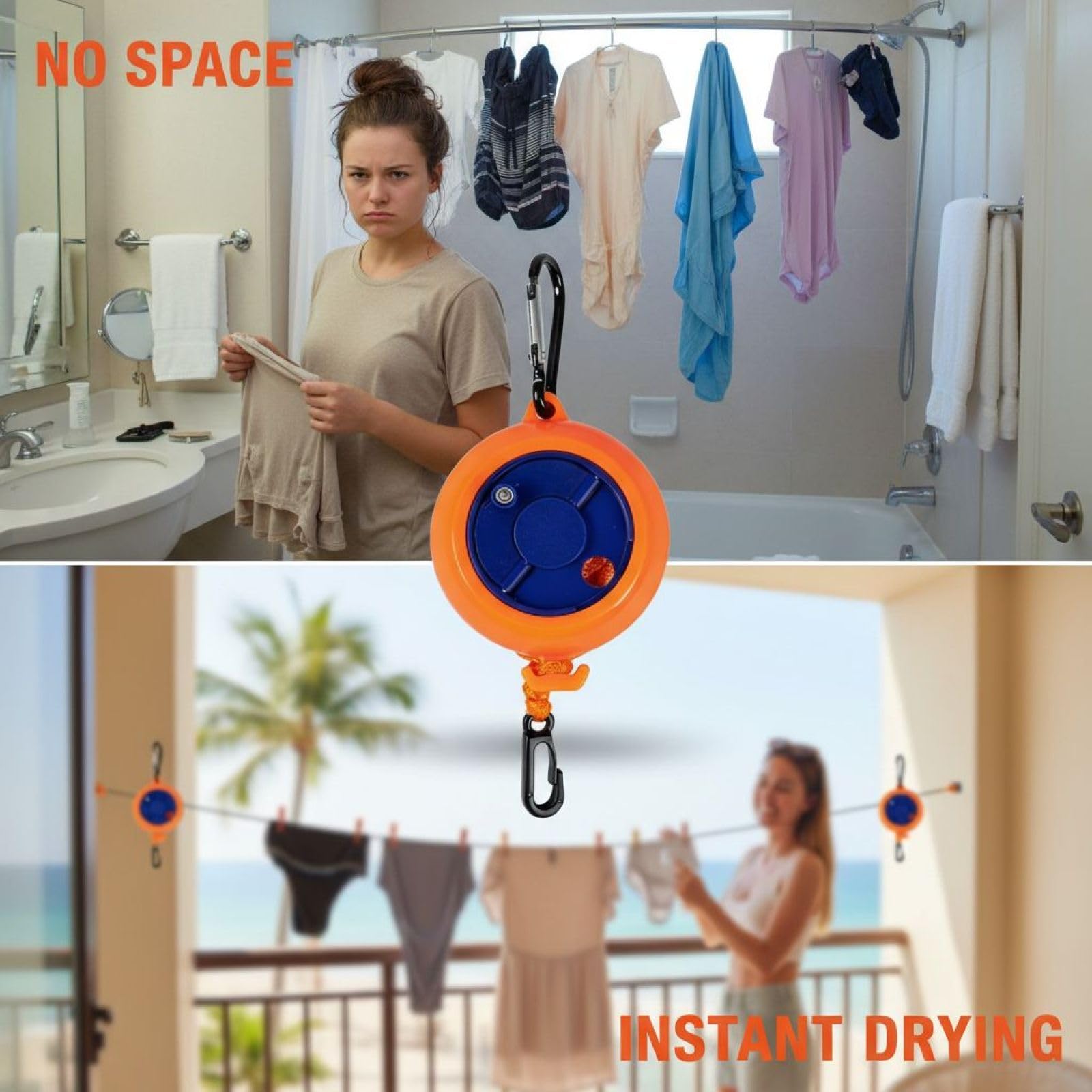 Corde à Linge de Voyage Portable pour vêtements, kit de séchage rétractable avec manivelle, Ensemble Orange pour Camping, 10 Boucles, 20 Pinces et Sac de Rangement, Lot de 3, 32,8 ft / 10 m