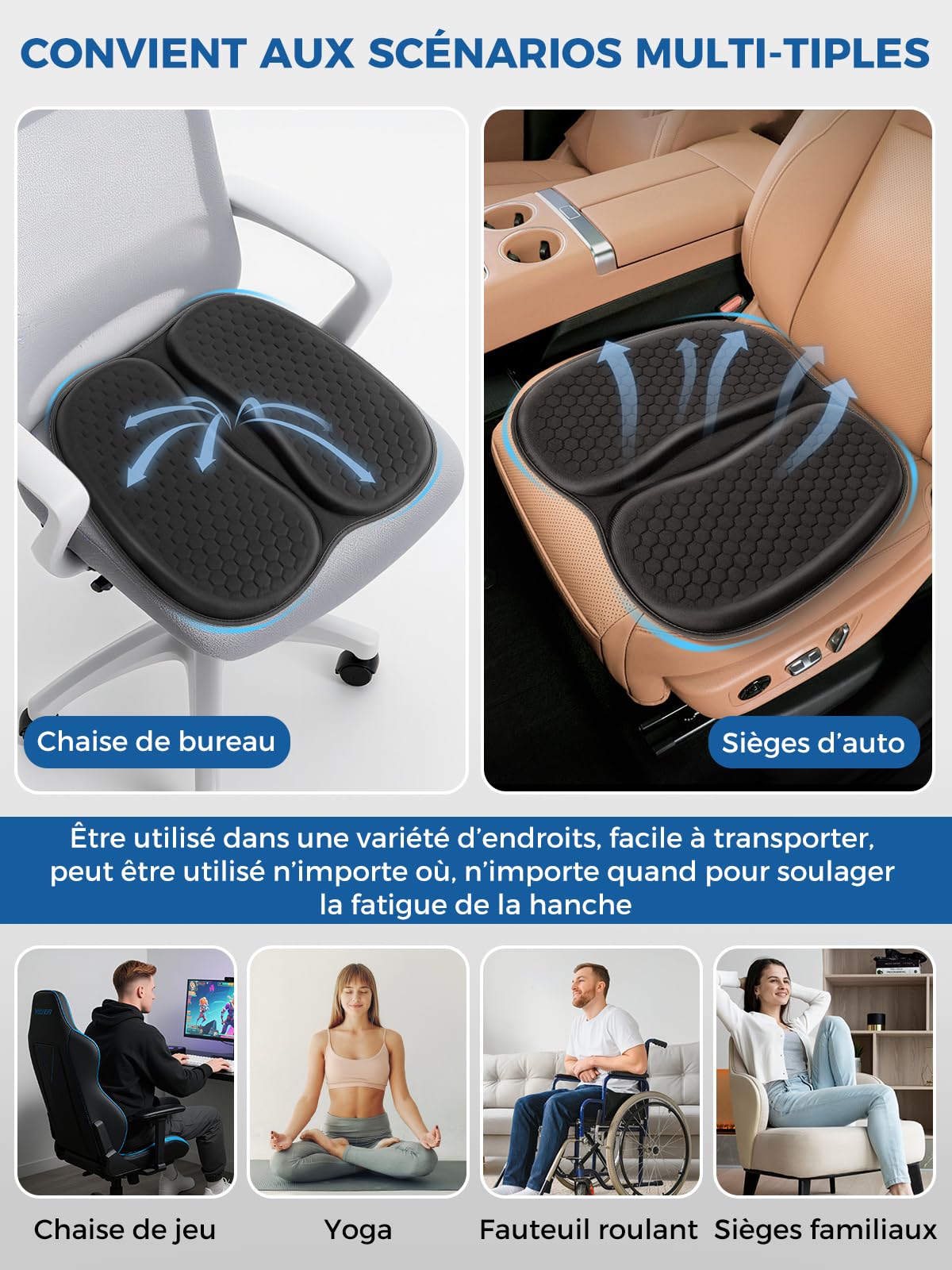 Coussins de Chaise,Coussin de Gel voiture nid d’abeille doux respirant coussin chaise bureau soulager la pression des hanches adapté à toutes les saisons pour voiture bureau maison fauteuil roulant