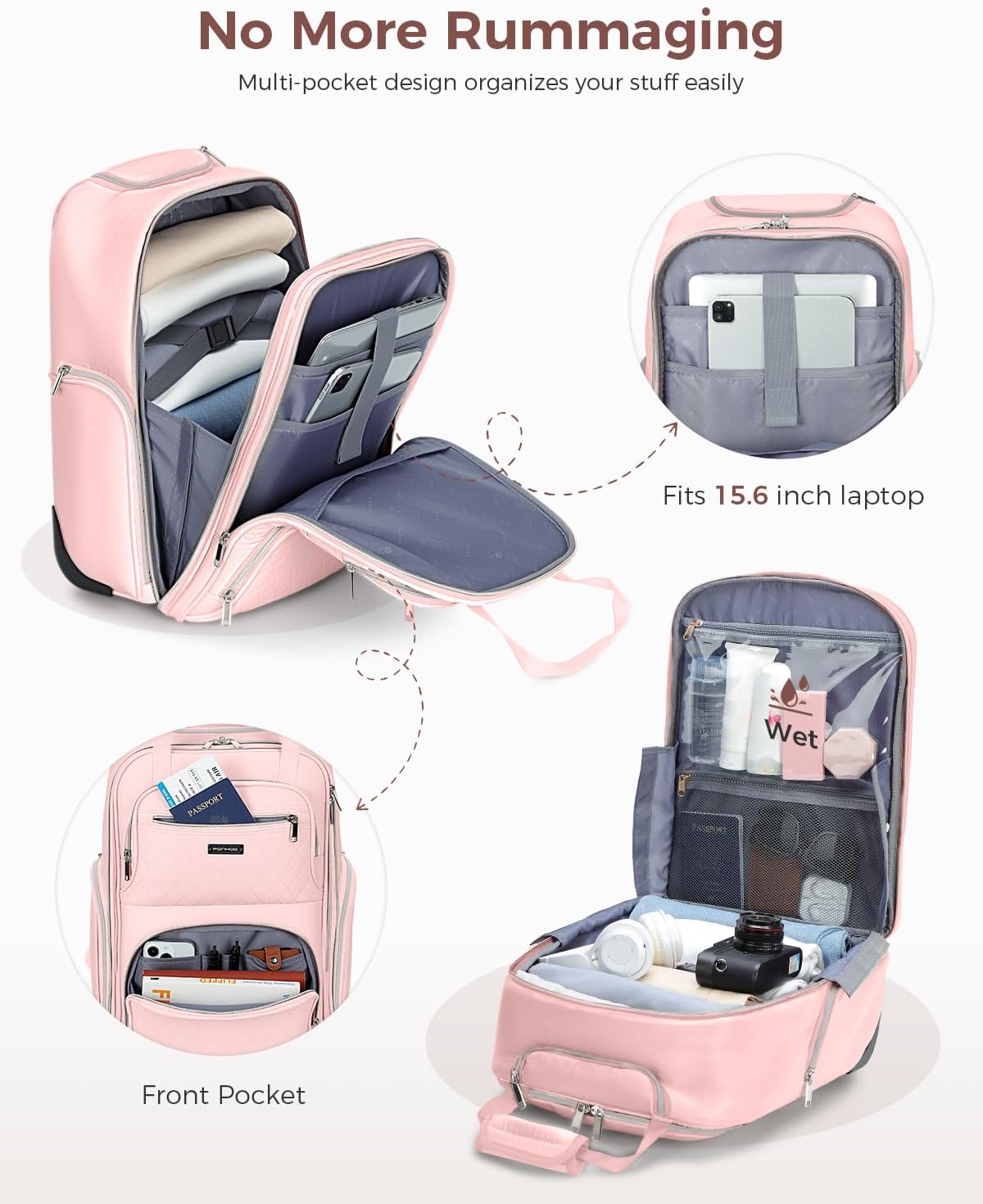 Ponhog Rolling Backpack for Women, 15.6 Inch Travel Laptop Wheeled Backpack, 30L Roller Carry On Backpack for Adults Business College Work Overnight, Stylish Personal Item, Pink
