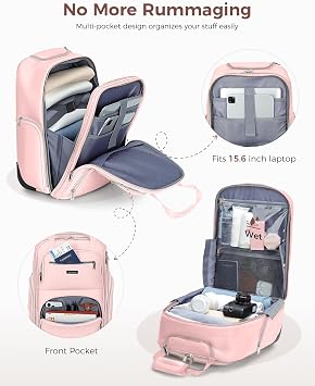 Ponhog Rolling Backpack for Women, 15.6 Inch Travel Laptop Wheeled Backpack, 30L Roller Carry On Backpack for Adults Business College Work Overnight, Stylish Personal Item, Pink
