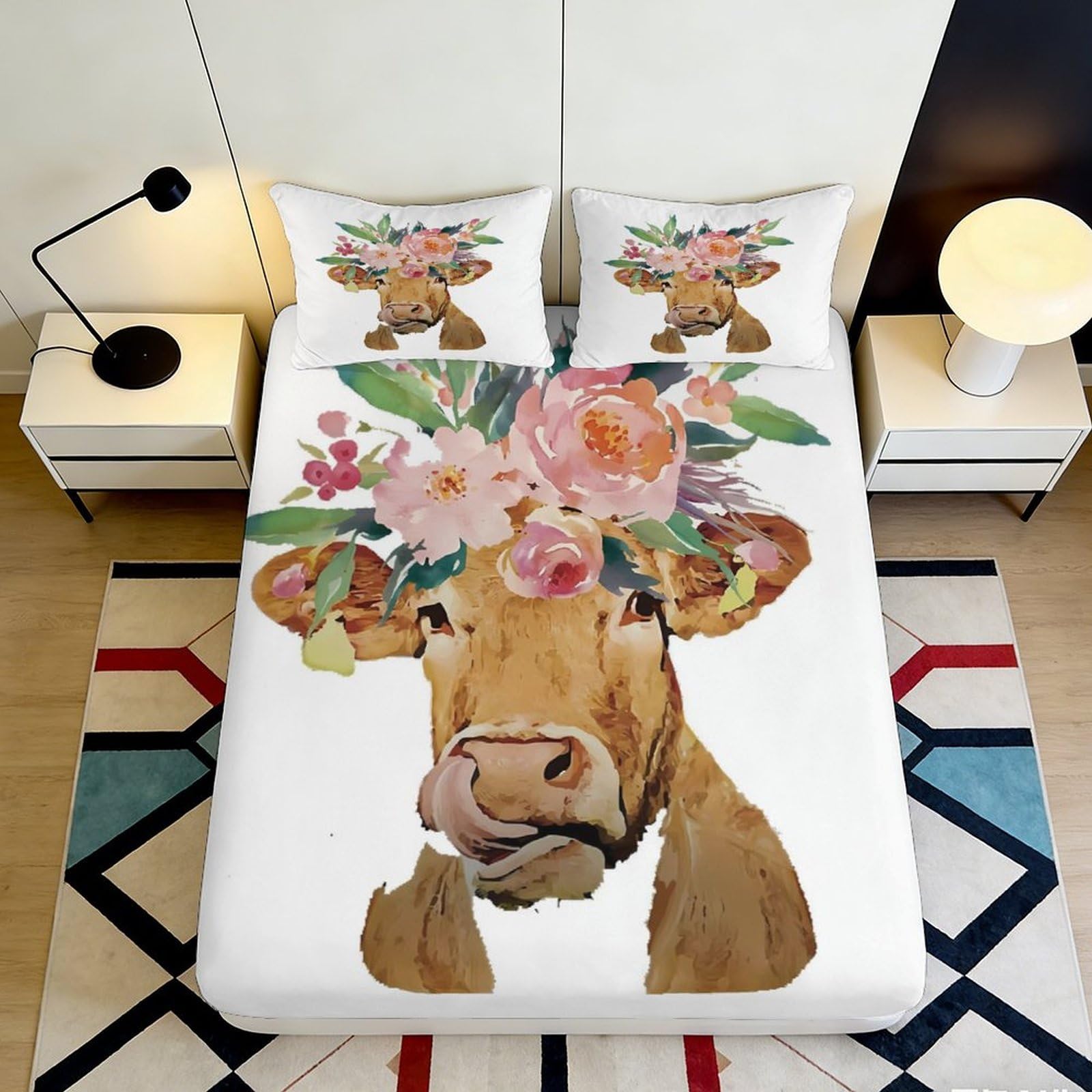 Jxqhbvmg Style-10 3D Printed Floral Cow Fitted Sheet Microfiber Deep Pocket Bedroom Bedding Floral Cow Mattress Fitted Cover Non-Slip Washable 90X200x25cm