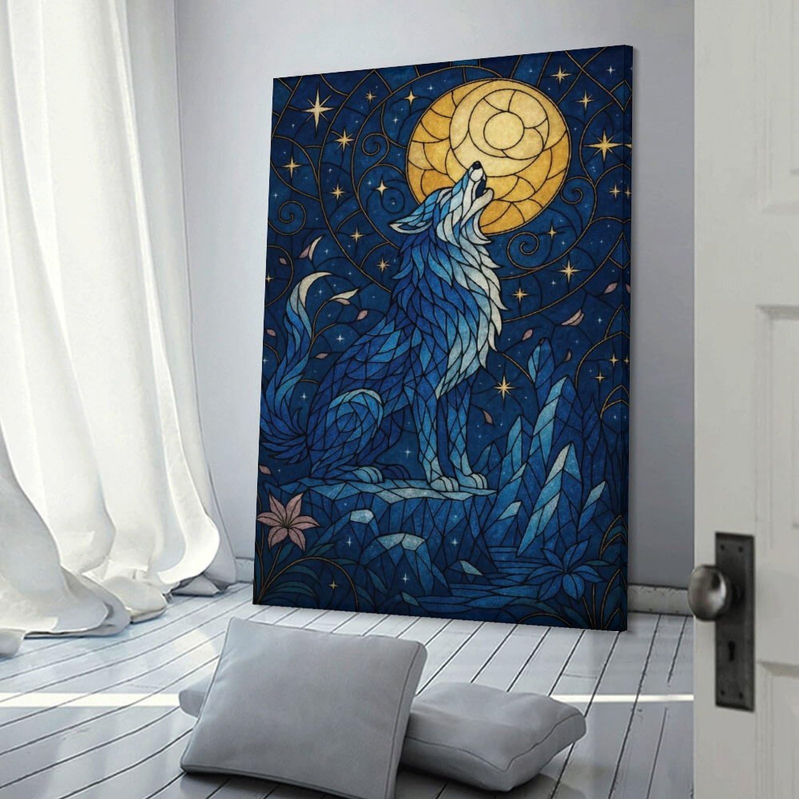 Junmoney Frame-Style-16 Blue Wolf Howling At The Moon Canvas Wall Art 16X24inch(40X60cm), For Workspace Walls, Study Corners Or Bedrooms, Wall Art That Adds Style To Work Areas